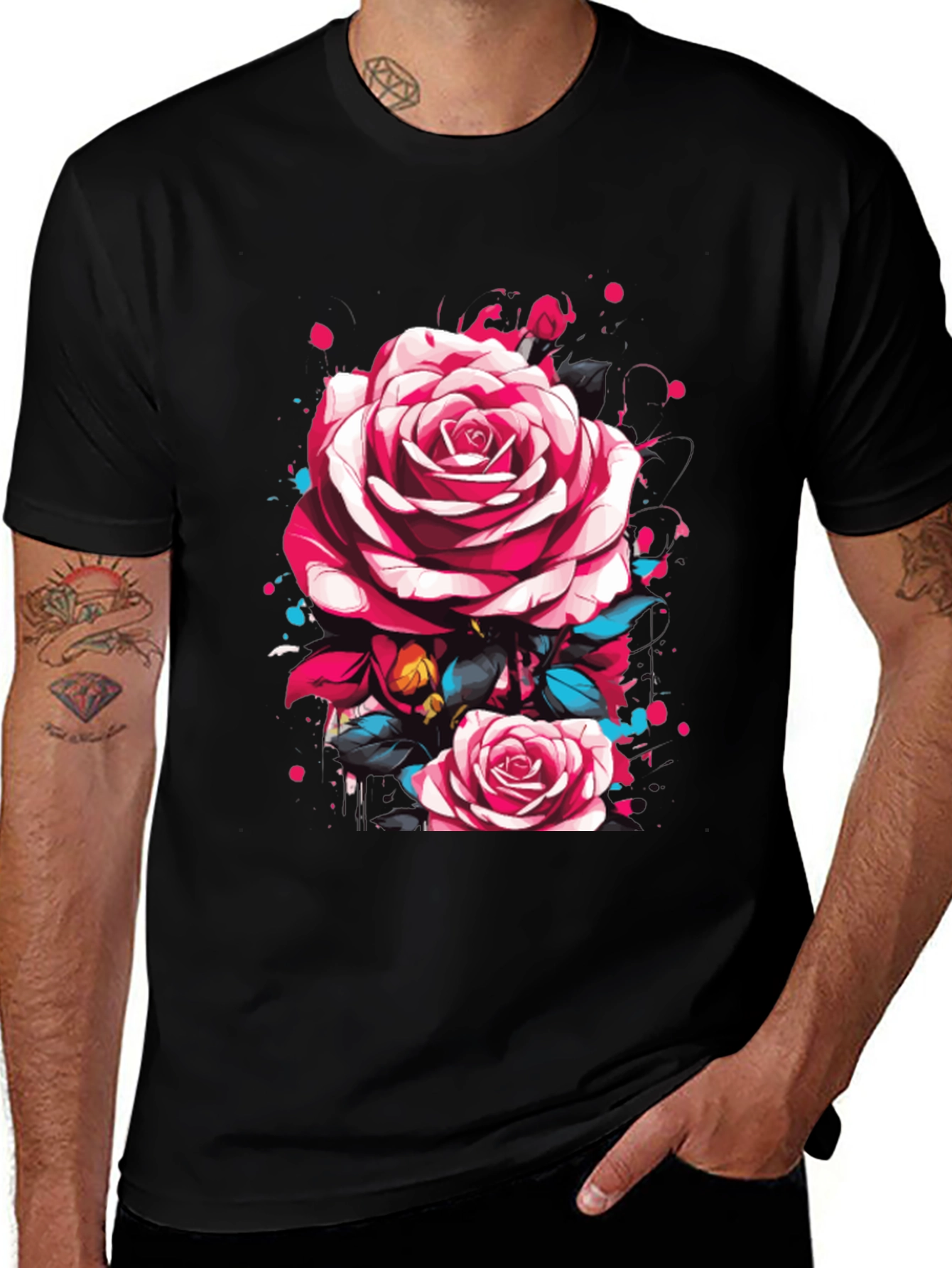 Mens Black T-Shirt with Floral Rose Design