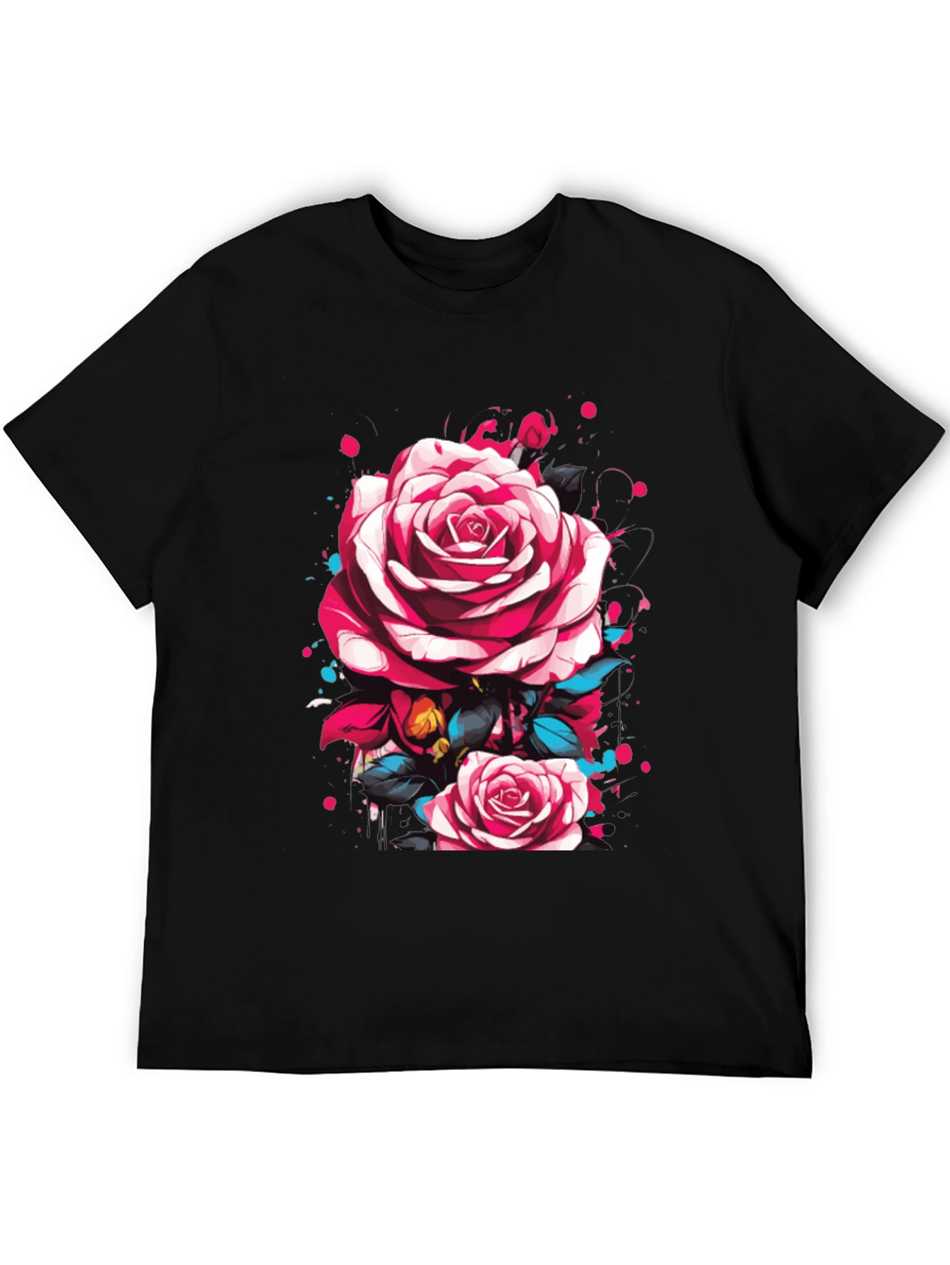 Mens Black T-Shirt with Floral Rose Design