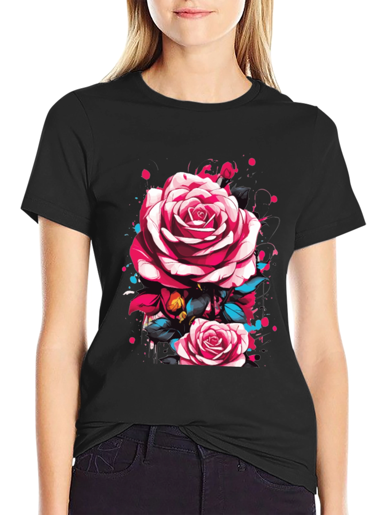 Mens Black T-Shirt with Floral Rose Design