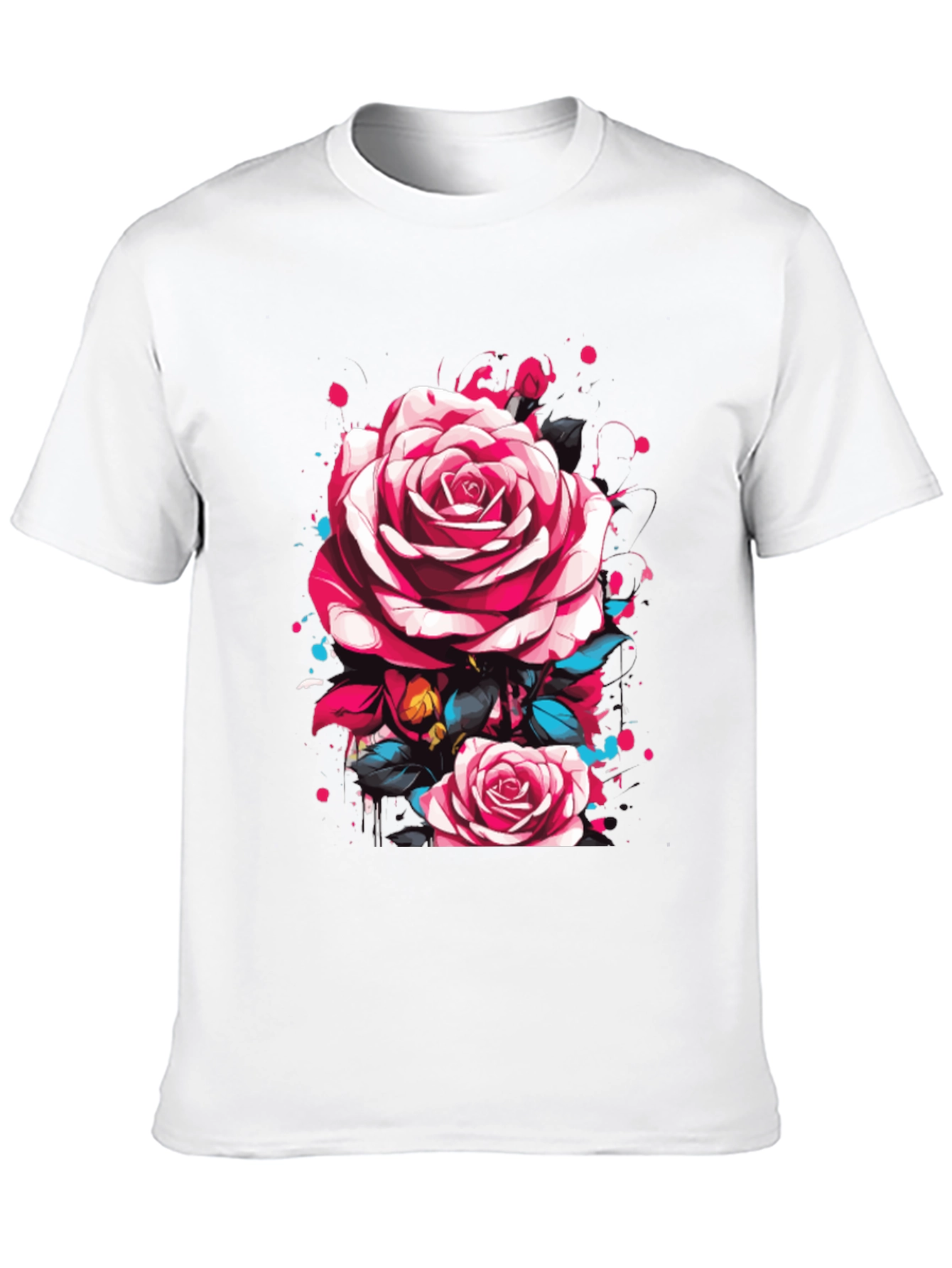 Mens Black T-Shirt with Floral Rose Design