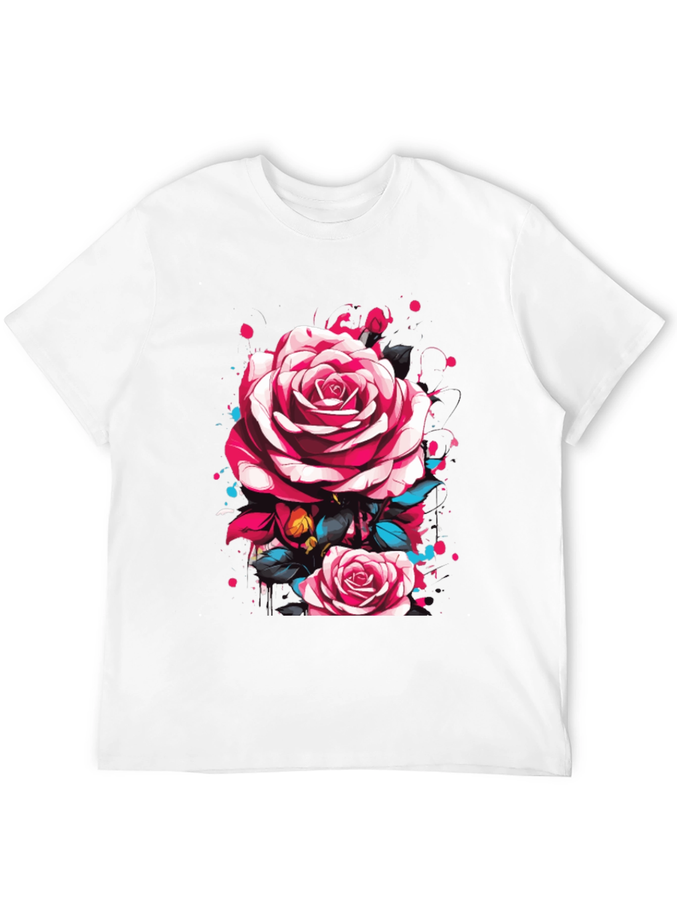 Mens Black T-Shirt with Floral Rose Design