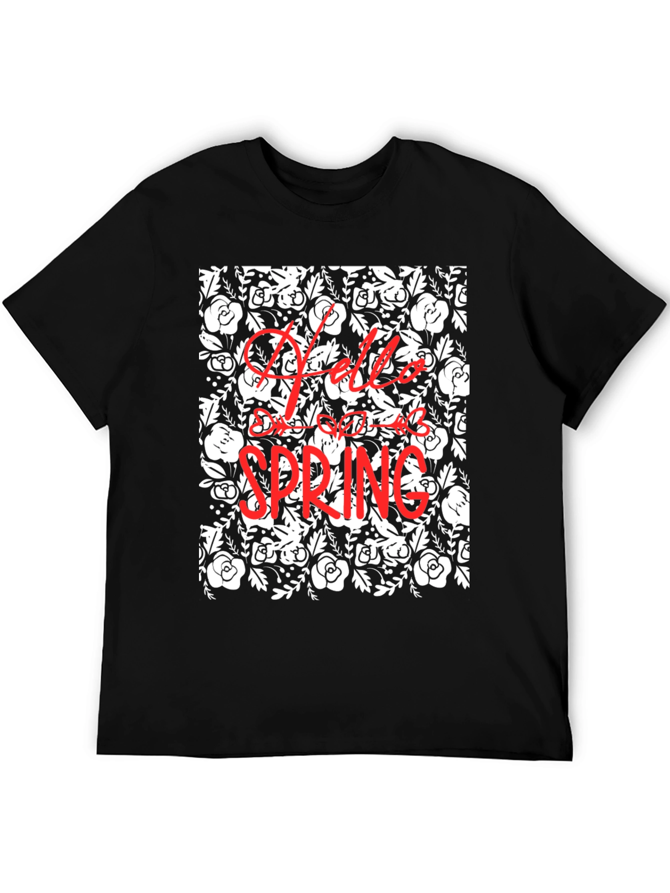 Hello Spring Floral Black Graphic T-Shirt