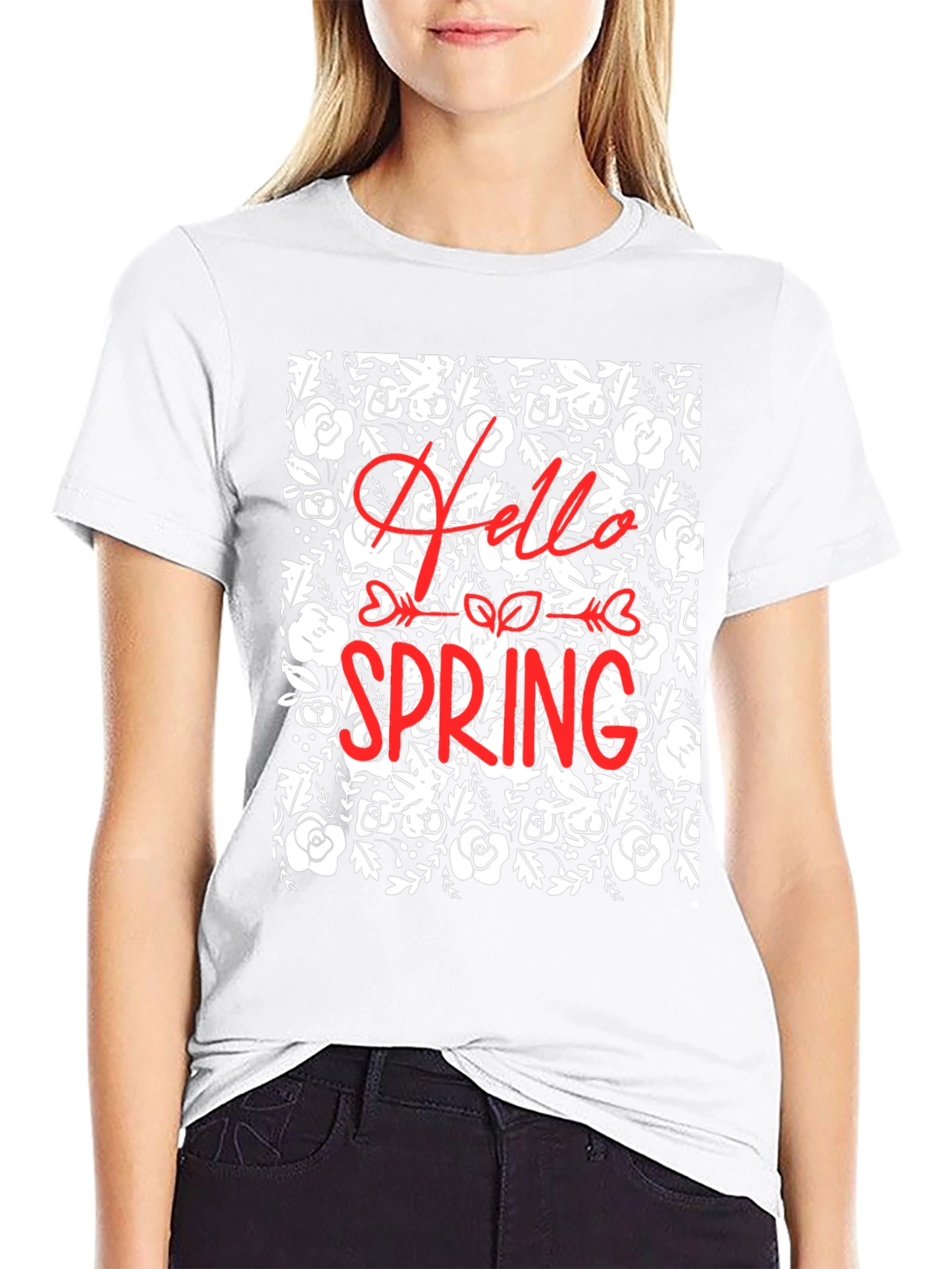 Hello Spring Floral Black Graphic T-Shirt