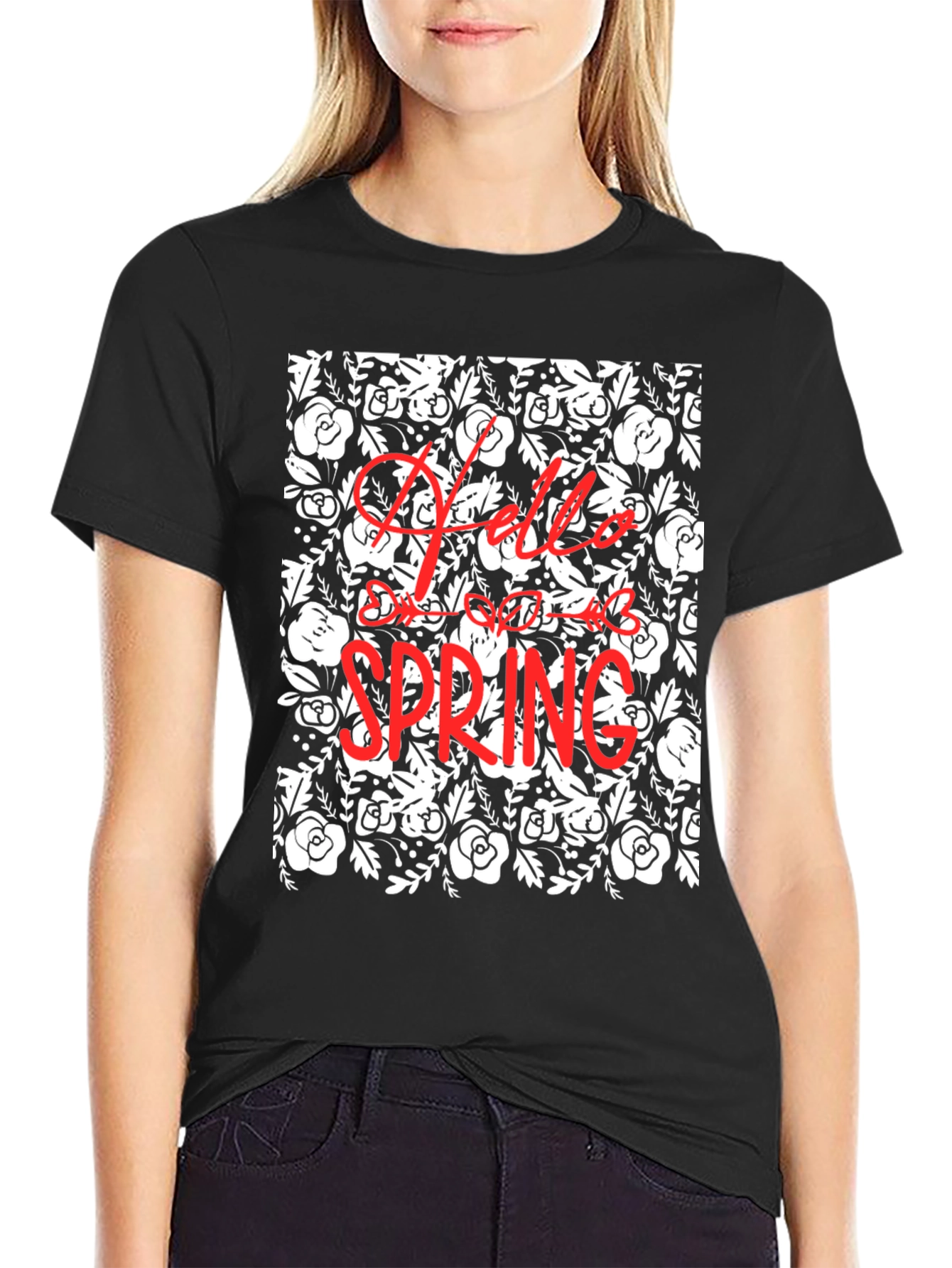 Hello Spring Floral Black Graphic T-Shirt