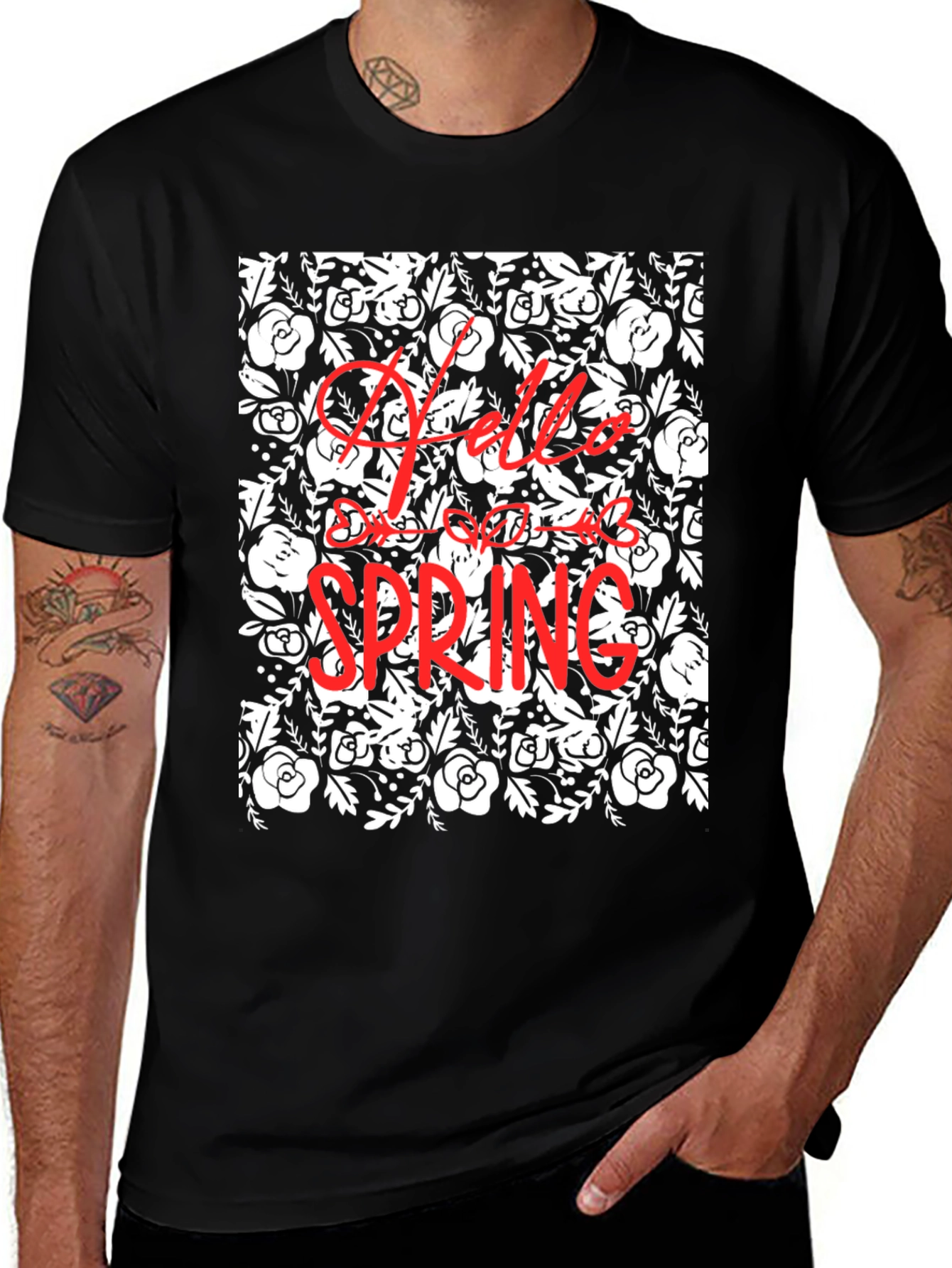 Hello Spring Floral Black Graphic T-Shirt