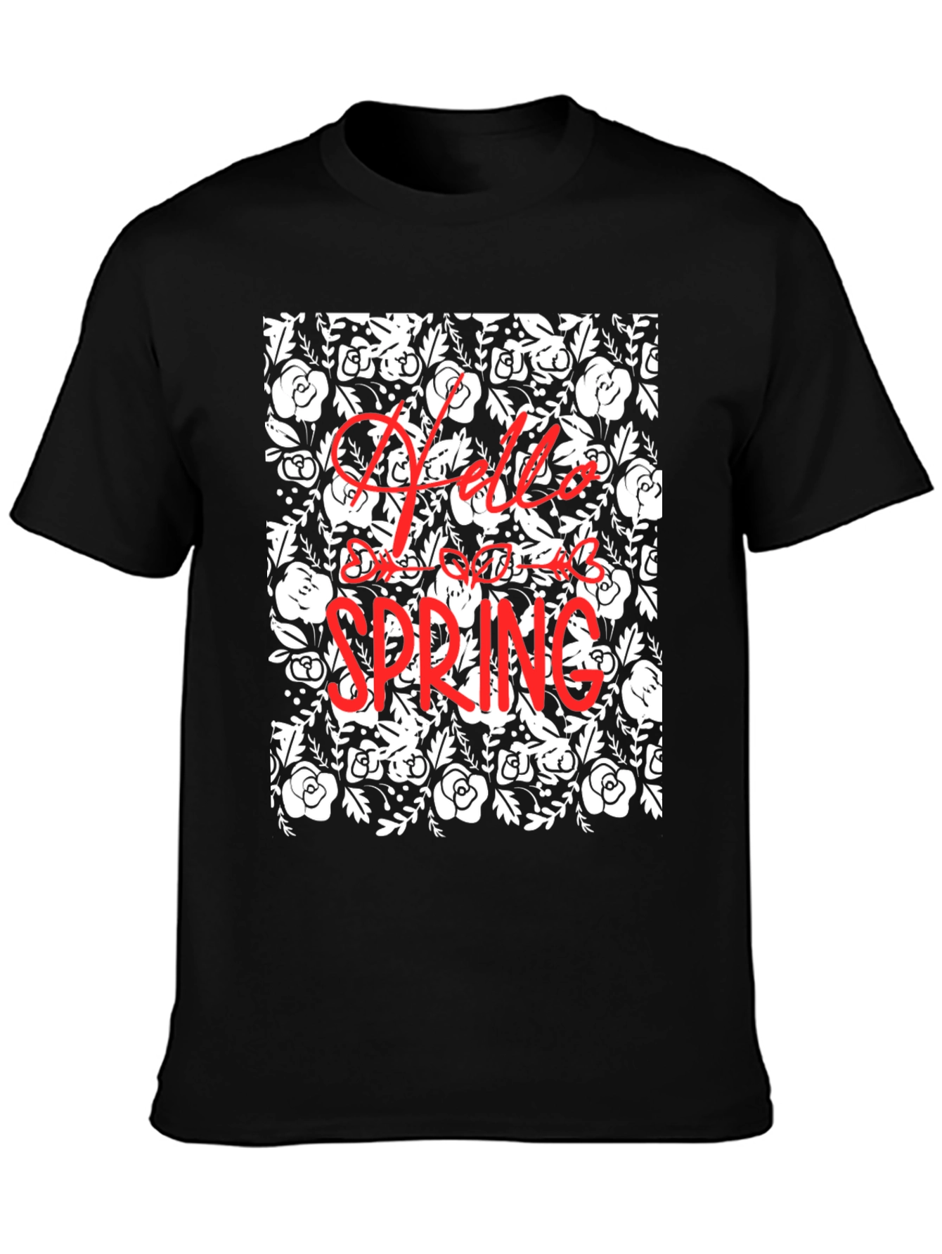 Hello Spring Floral Black Graphic T-Shirt