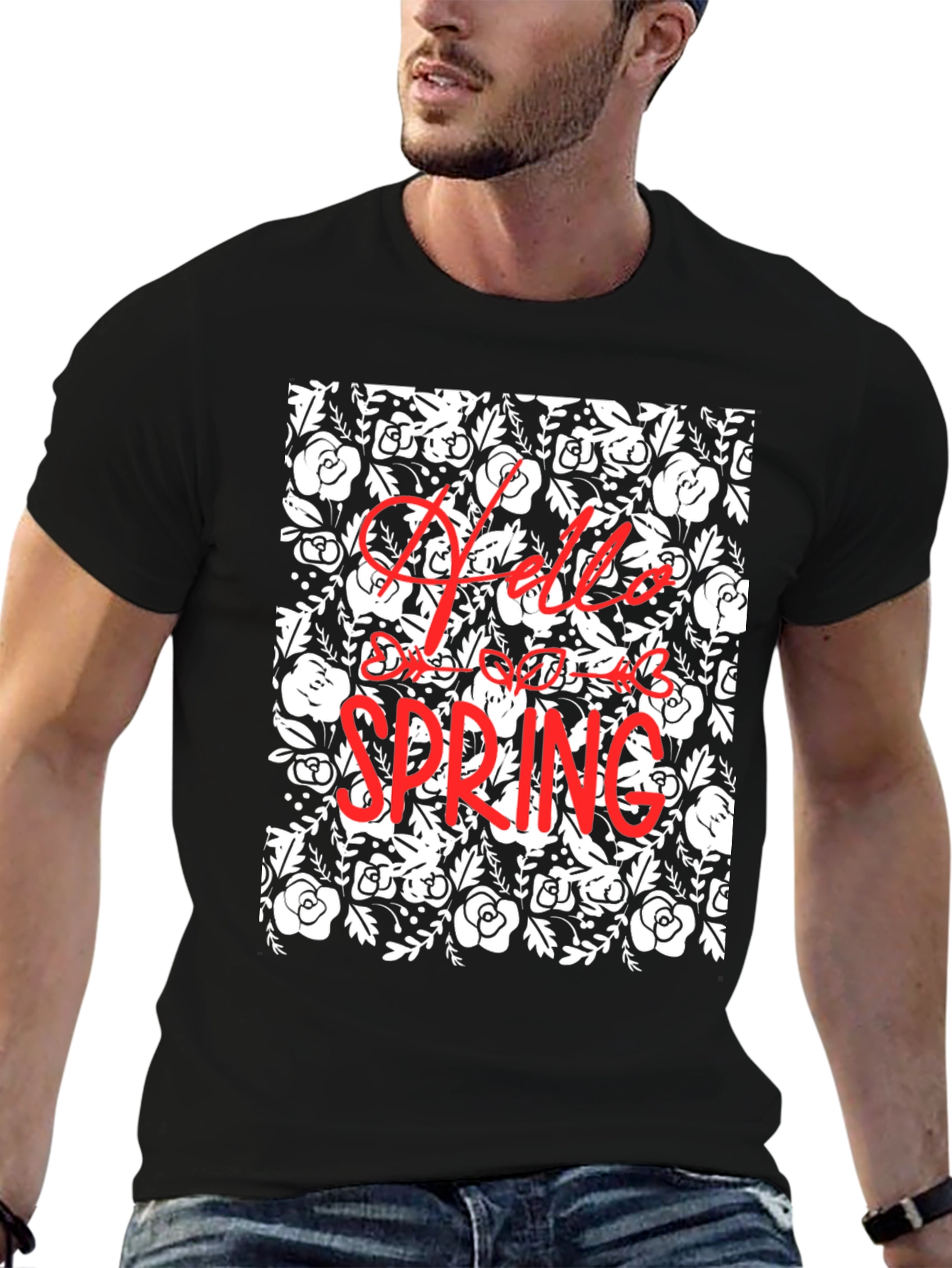 Hello Spring Floral Black Graphic T-Shirt