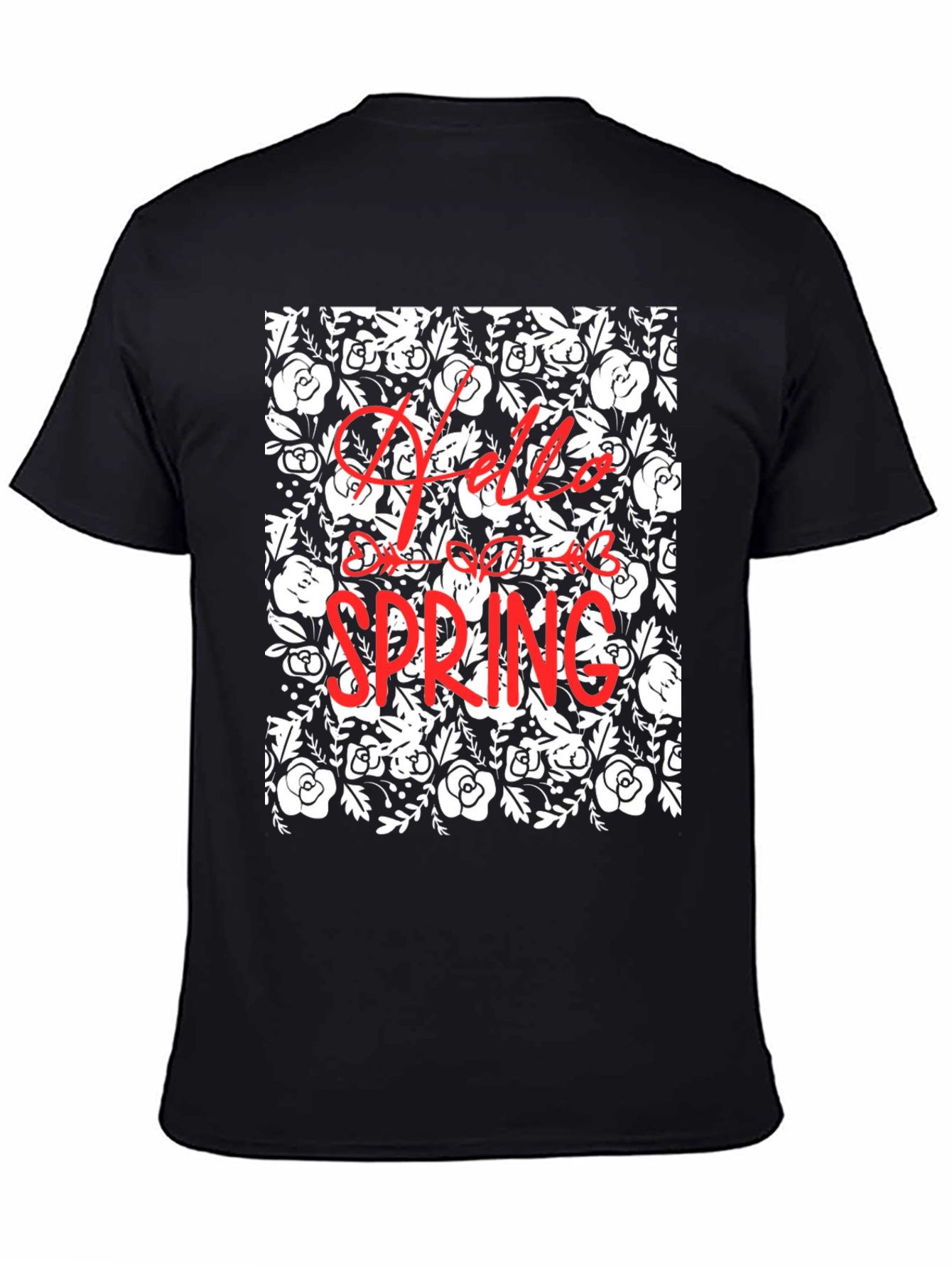 Hello Spring Floral Black Graphic T-Shirt