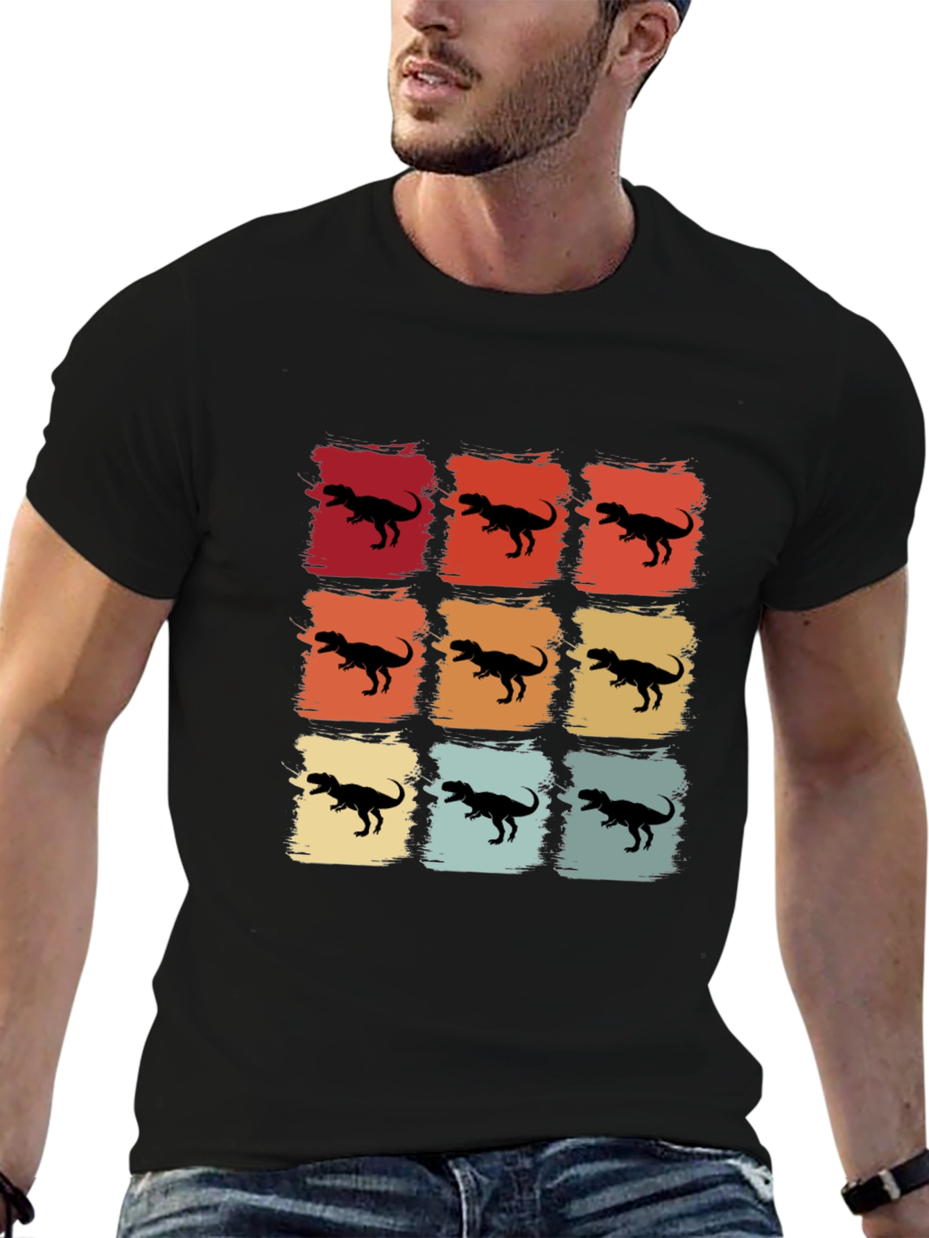 Retro Dinosaur Graphic Tee - Stylish Mens Black T-Shirt