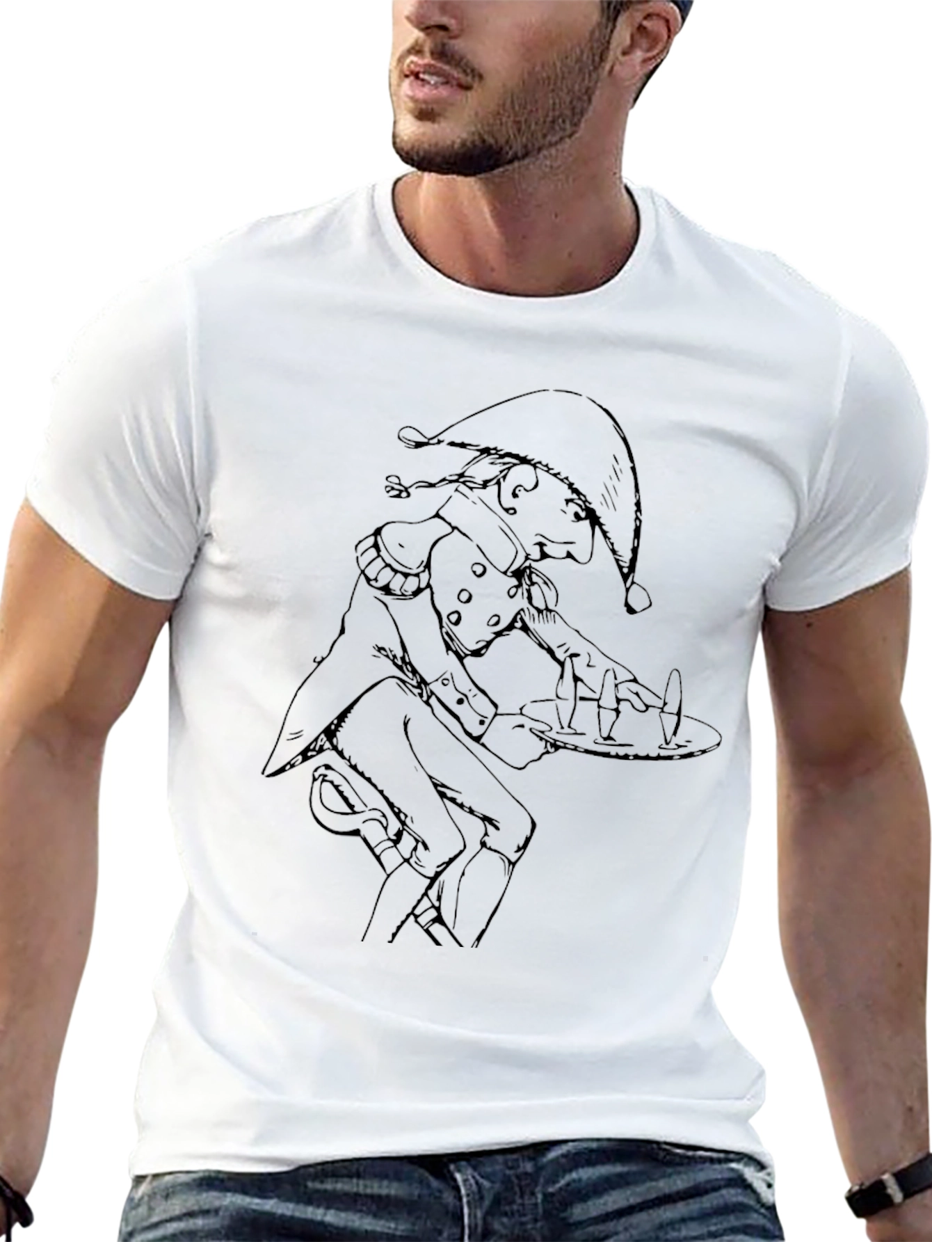 Whimsical Elf Waiter Graphic Tee - Soft Cotton