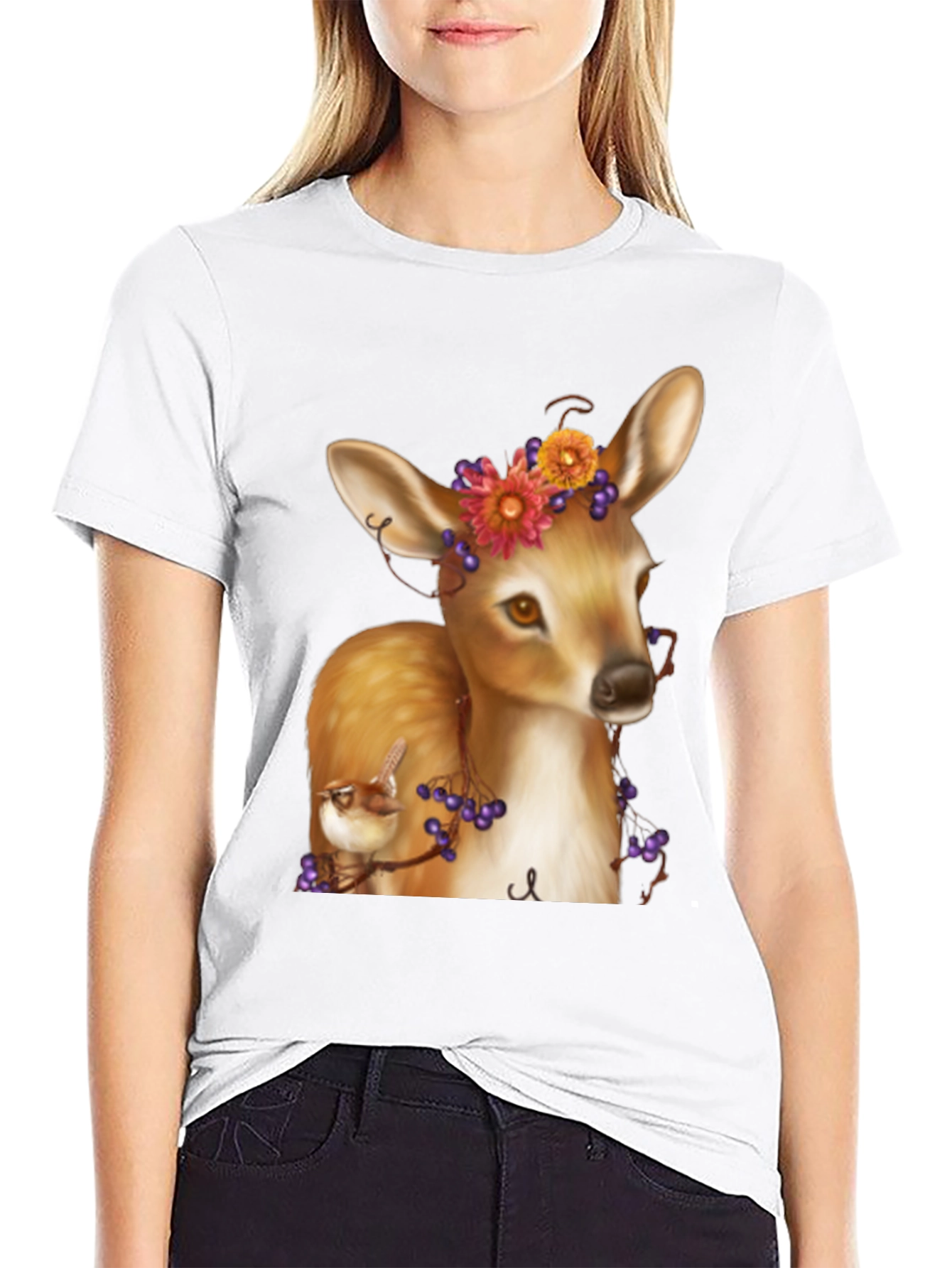 Deer and Bird Graphic Tee - Unisex Black T-Shirt
