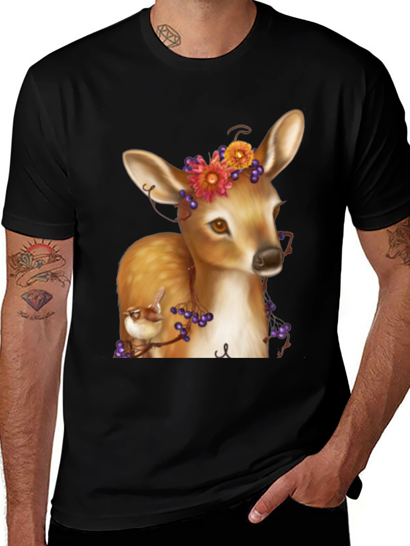 Deer and Bird Graphic Tee - Unisex Black T-Shirt