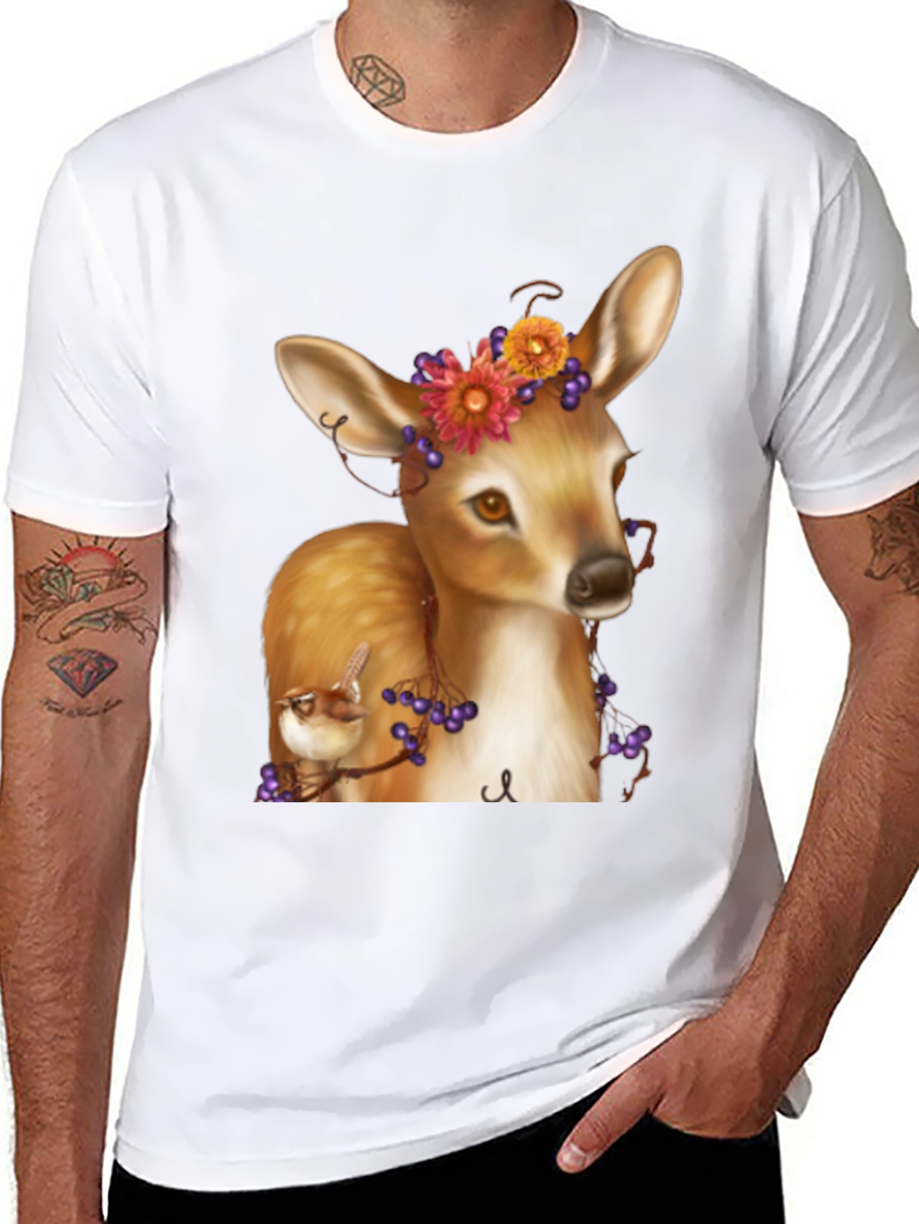 Deer and Bird Graphic Tee - Unisex Black T-Shirt