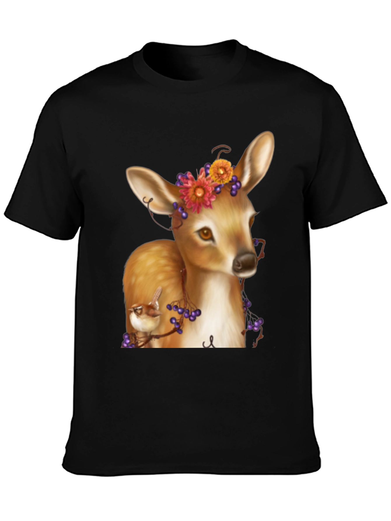 Deer and Bird Graphic Tee - Unisex Black T-Shirt