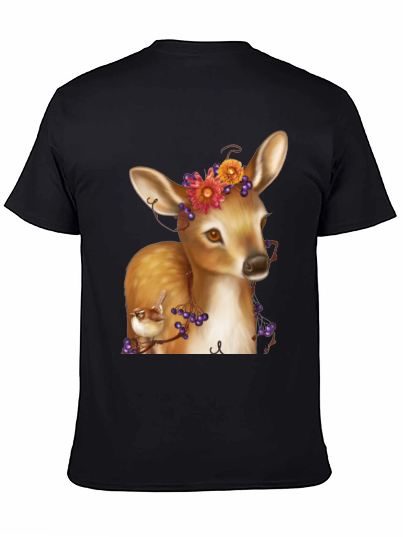 Deer and Bird Graphic Tee - Unisex Black T-Shirt