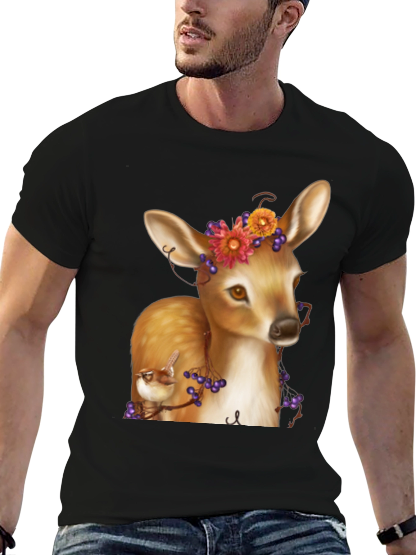 Deer and Bird Graphic Tee - Unisex Black T-Shirt