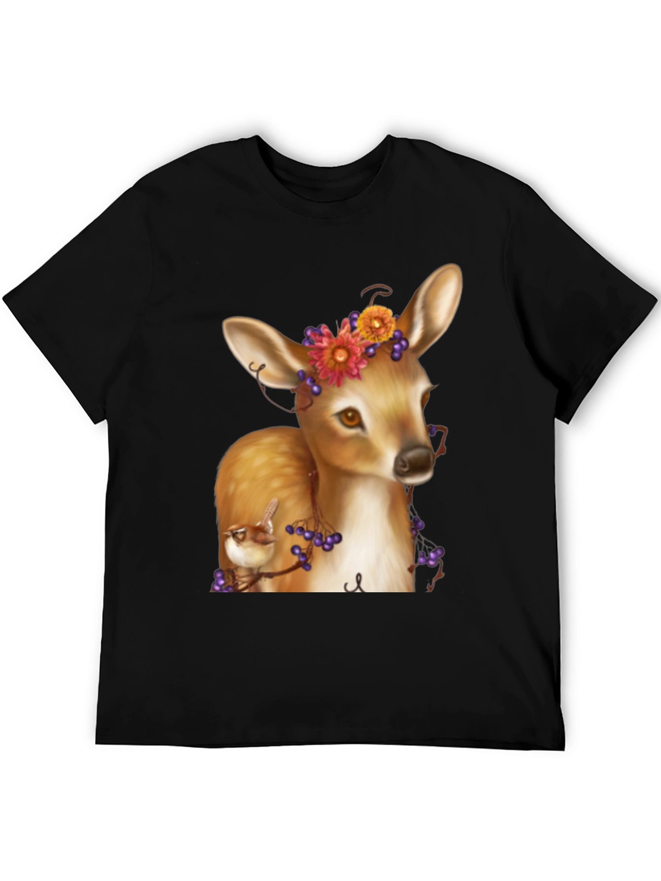 Deer and Bird Graphic Tee - Unisex Black T-Shirt