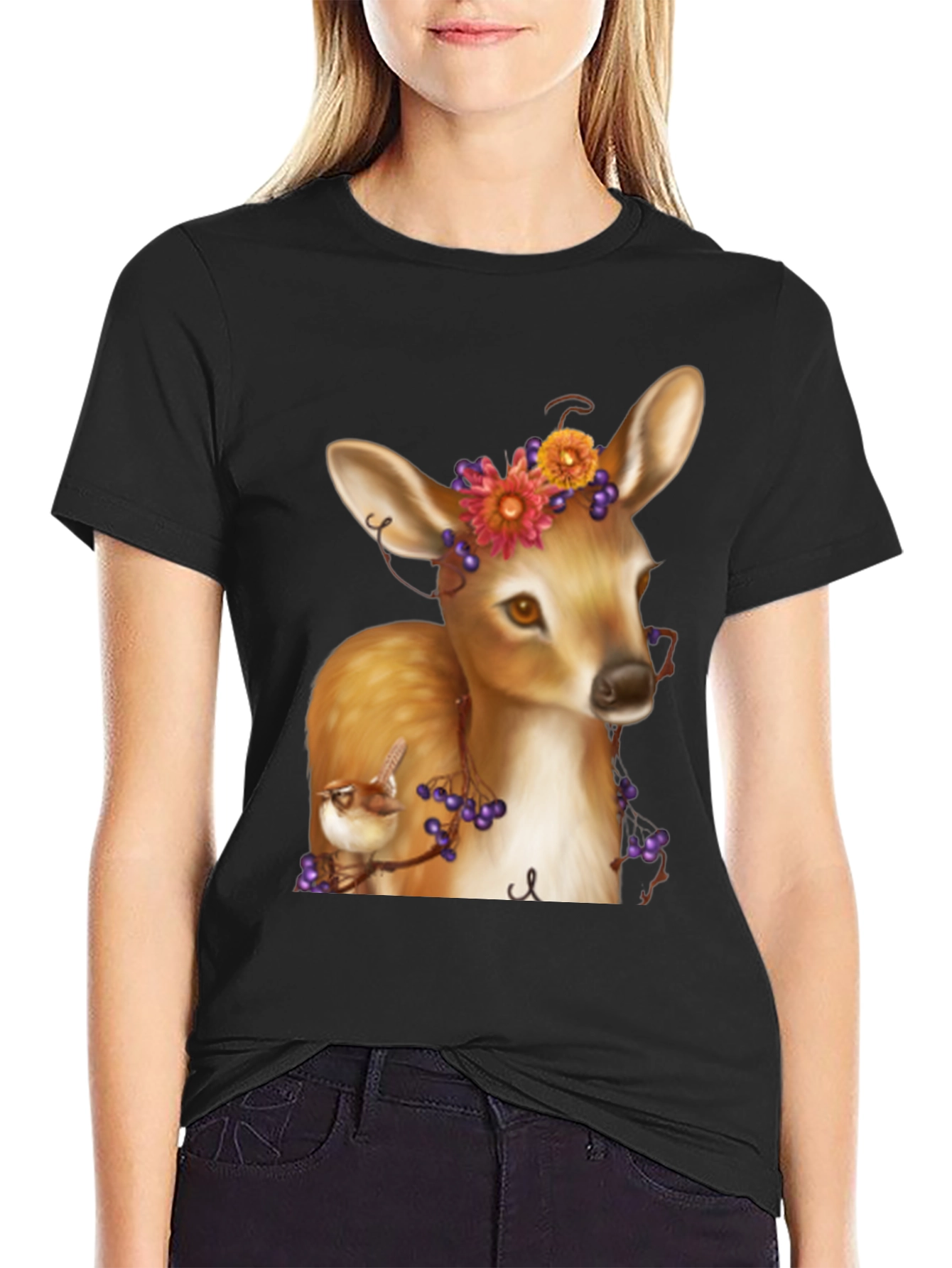 Deer and Bird Graphic Tee - Unisex Black T-Shirt