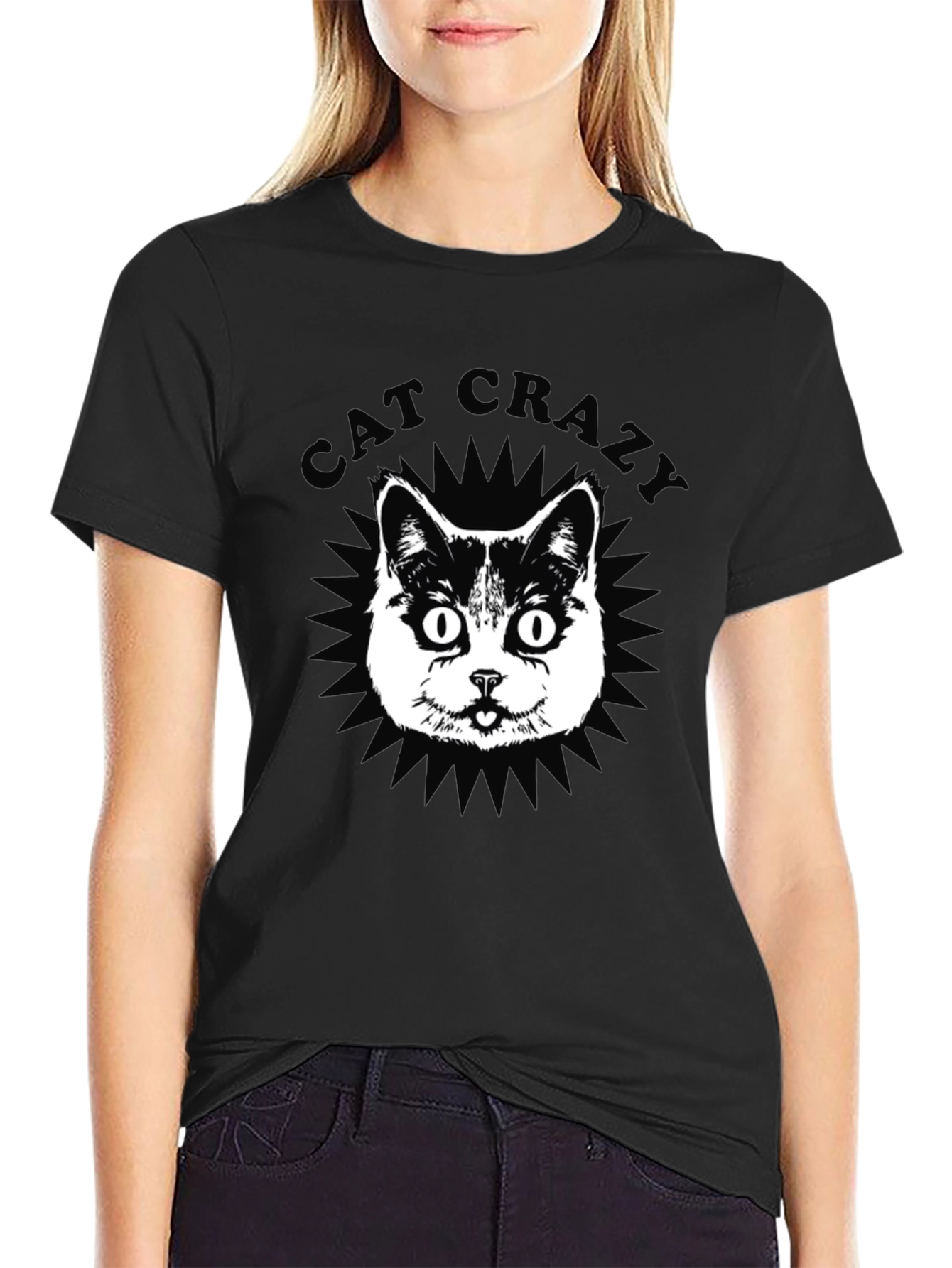 Cat Crazy Graphic Tee - Black Cotton T-Shirt