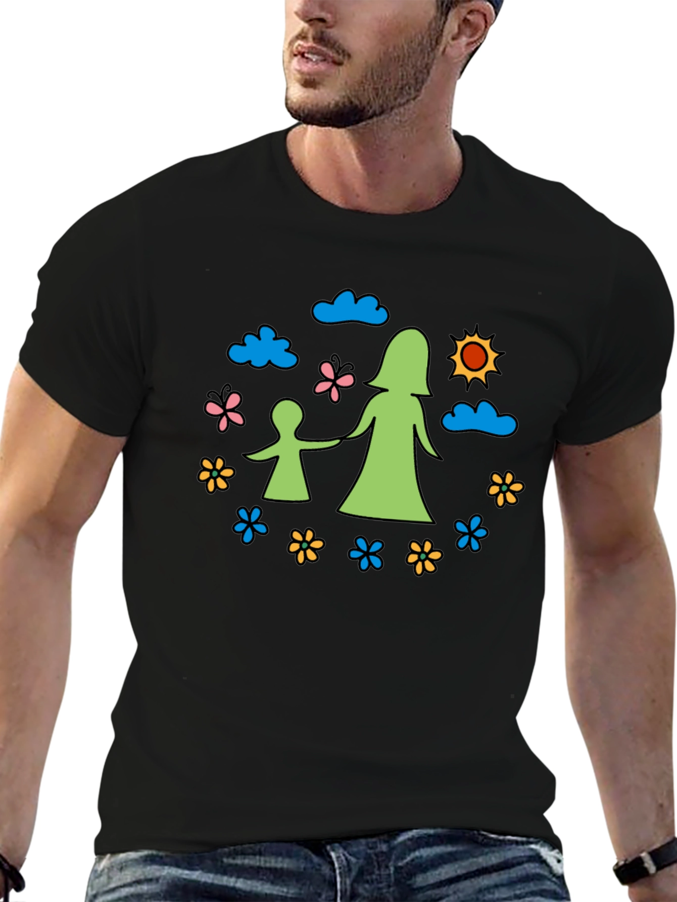 Mother & Child Graphic Tee - Black Cotton Blend