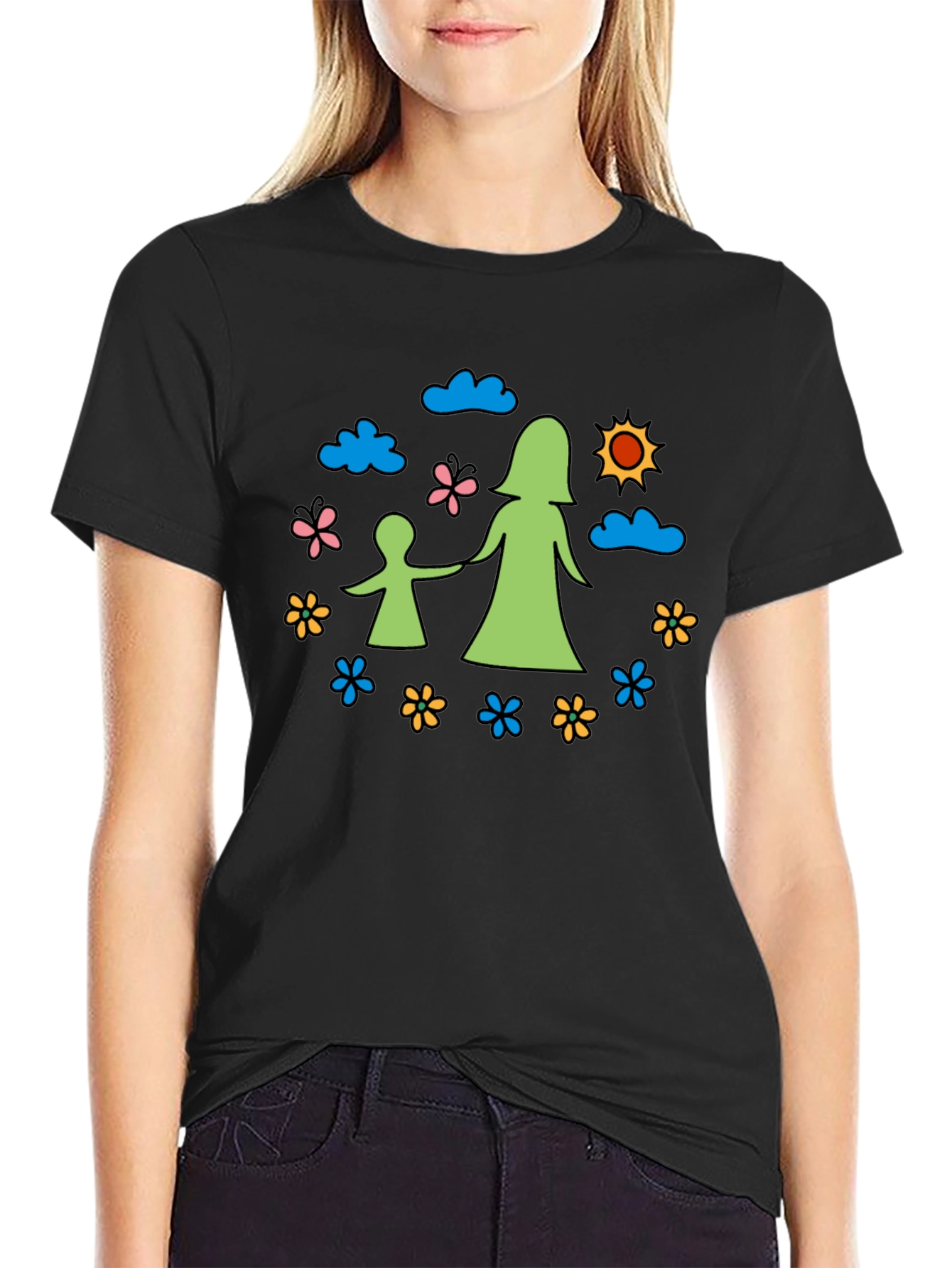 Mother & Child Graphic Tee - Black Cotton Blend
