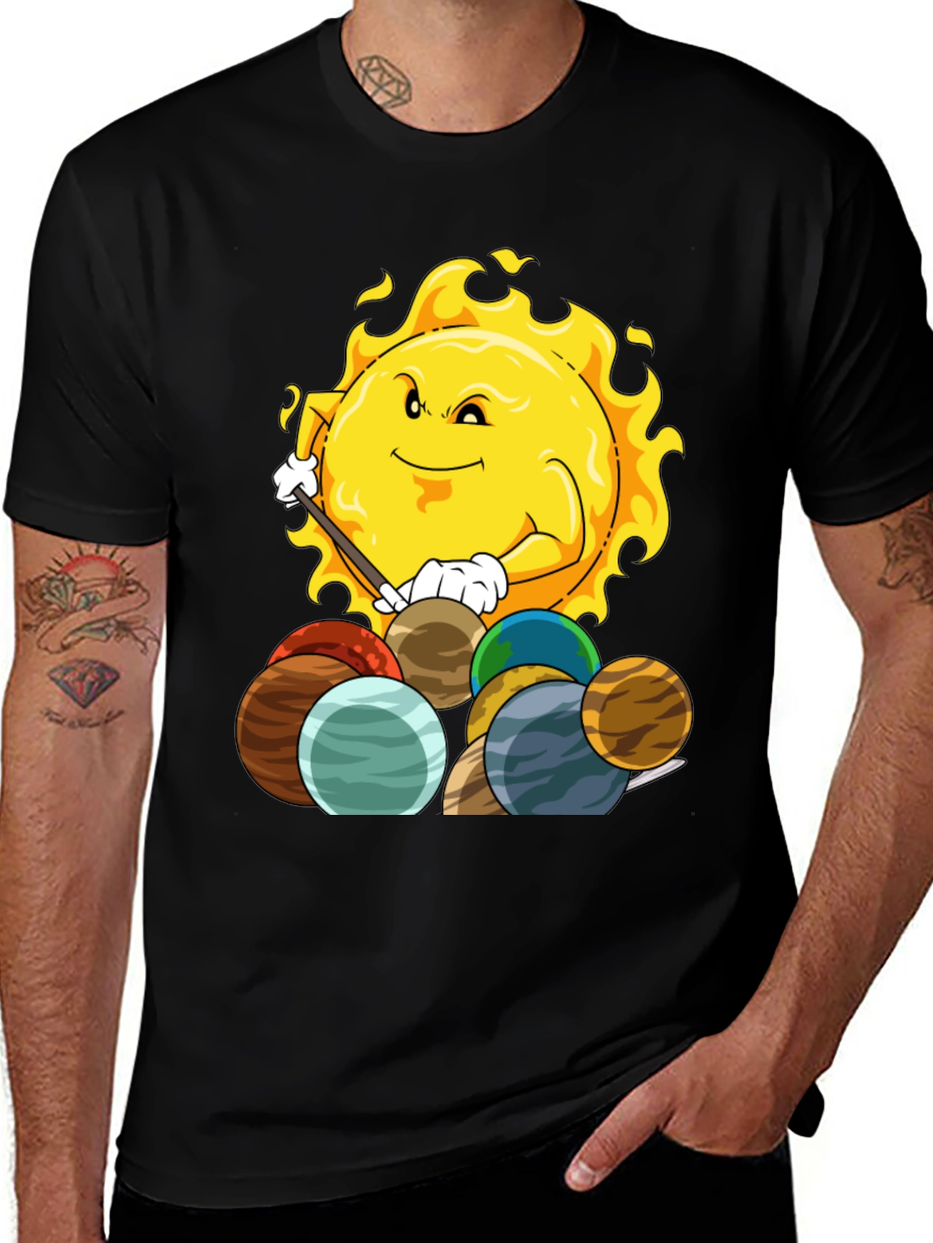 Sun Playing Pool with Planets Graphic Tee