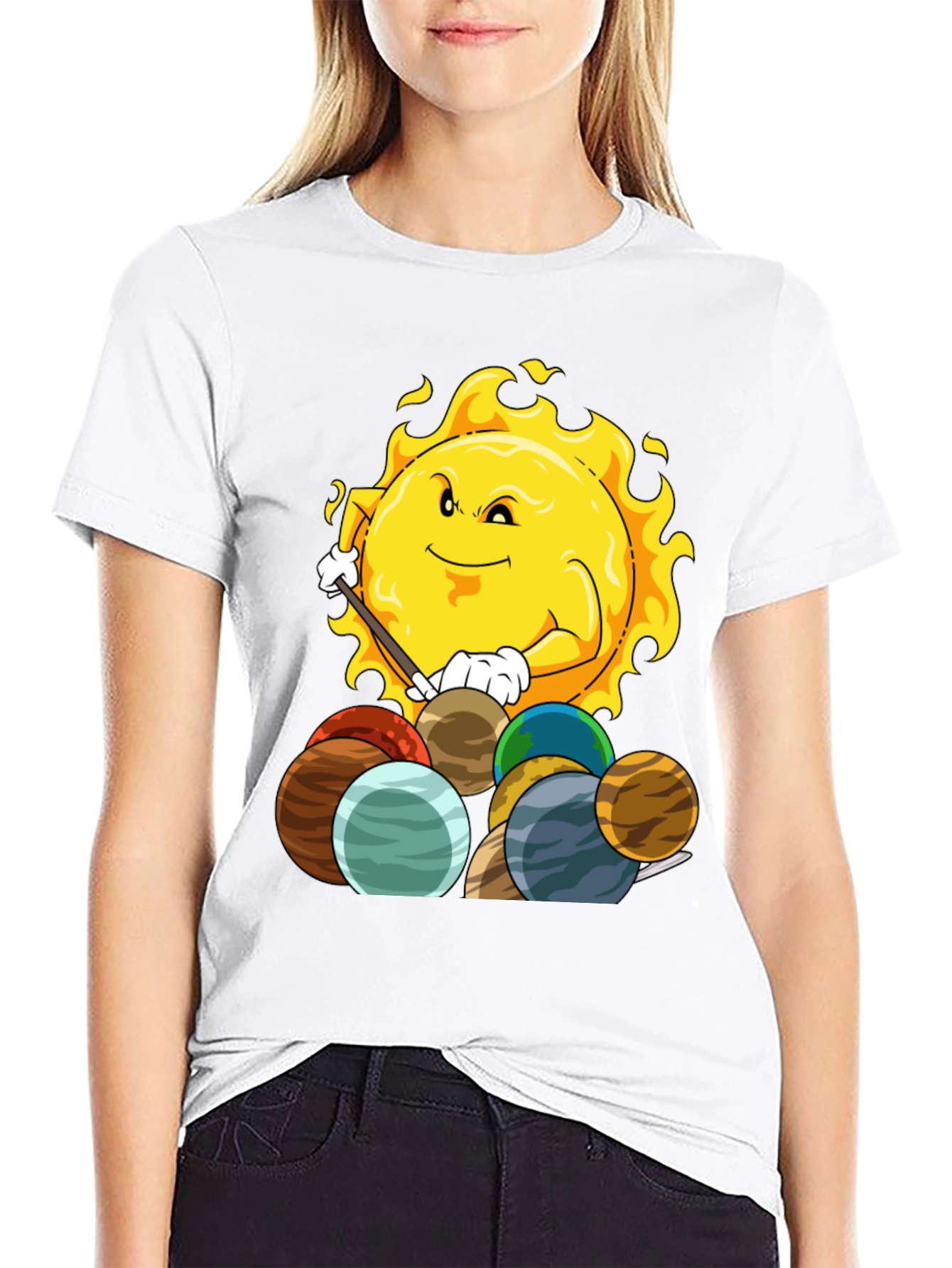 Sun Playing Pool with Planets Graphic Tee