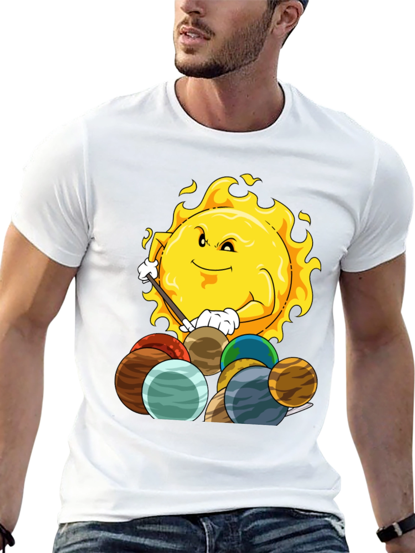 Sun Playing Pool with Planets Graphic Tee