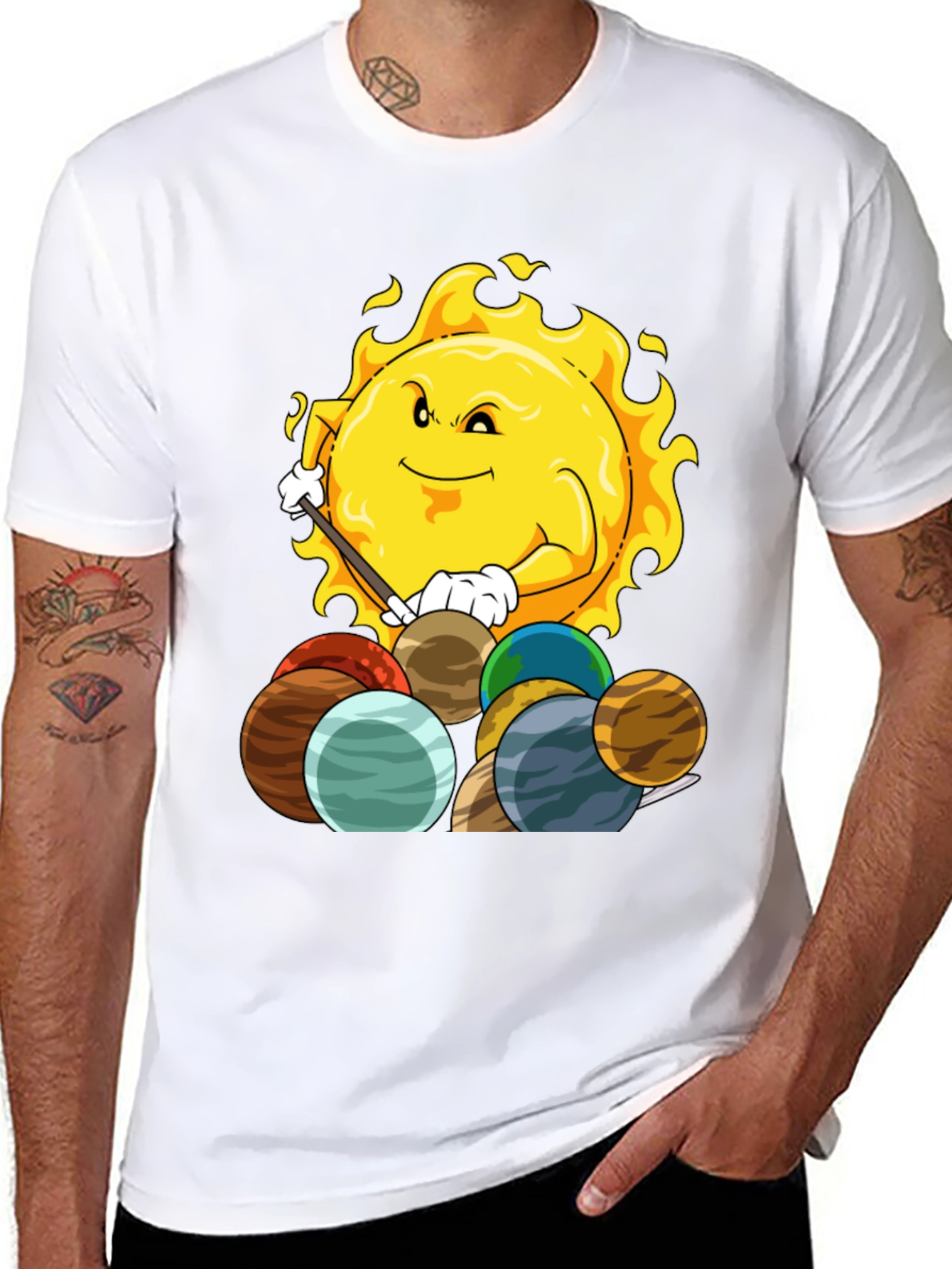 Sun Playing Pool with Planets Graphic Tee