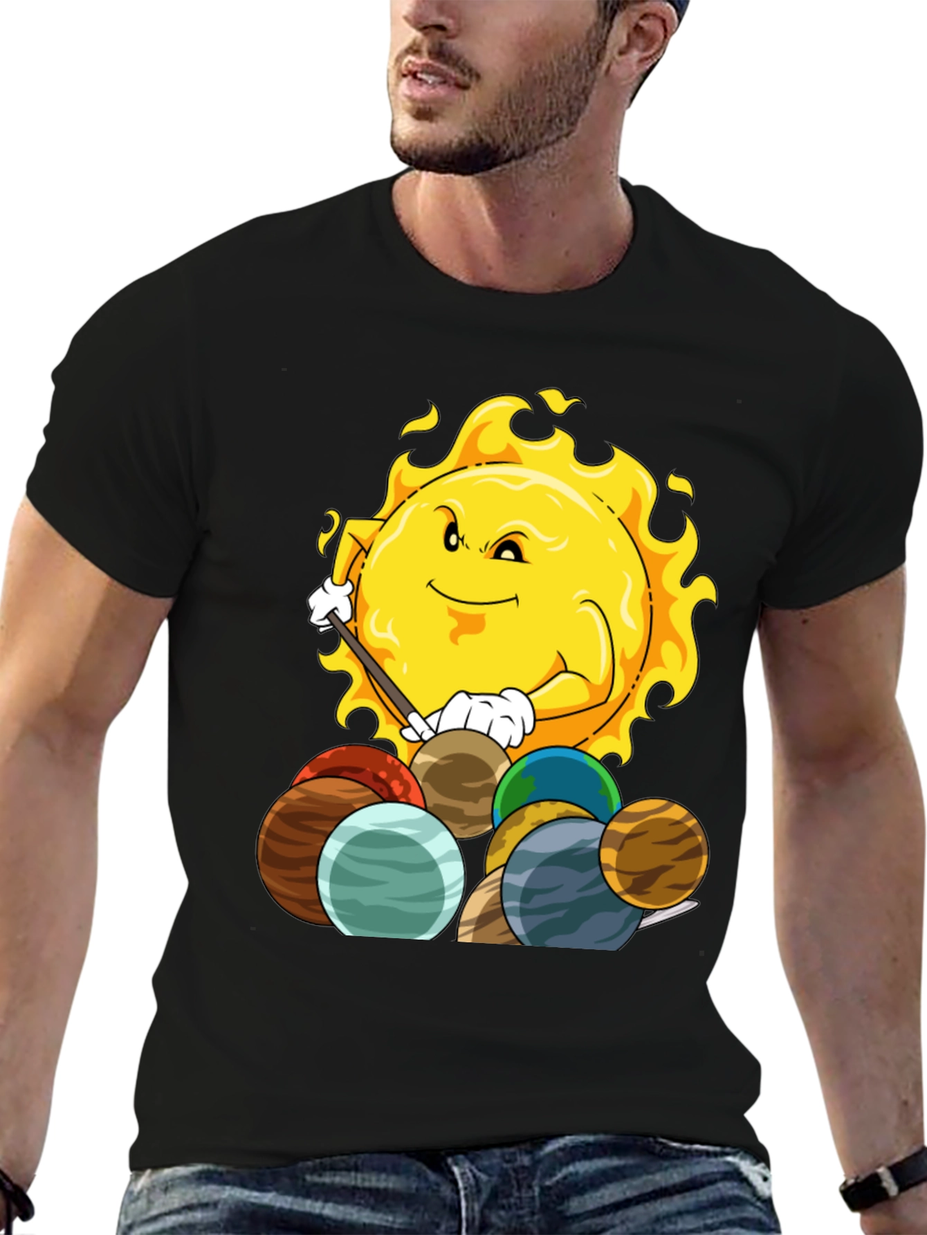 Sun Playing Pool with Planets Graphic Tee
