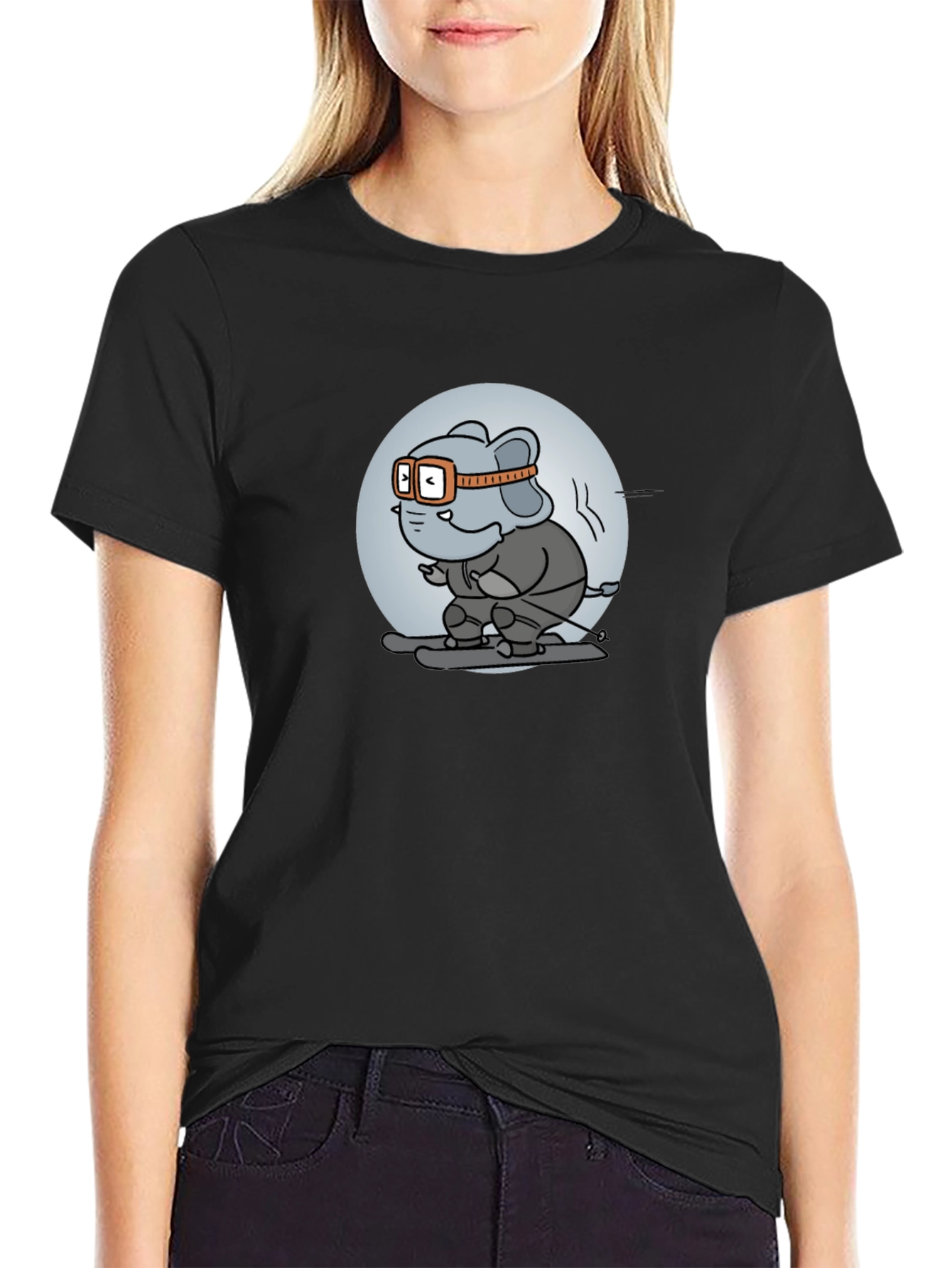 Skiing Elephant Graphic Tee - Fun Black T-Shirt
