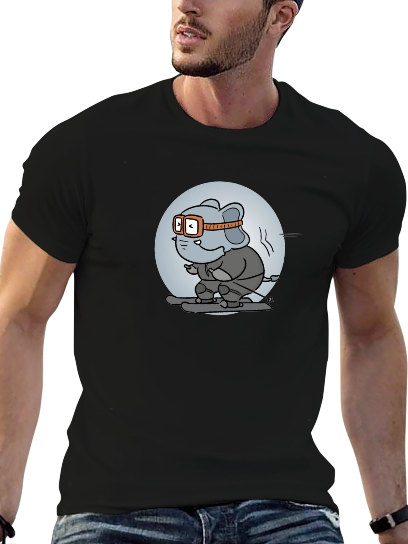 Skiing Elephant Graphic Tee - Fun Black T-Shirt
