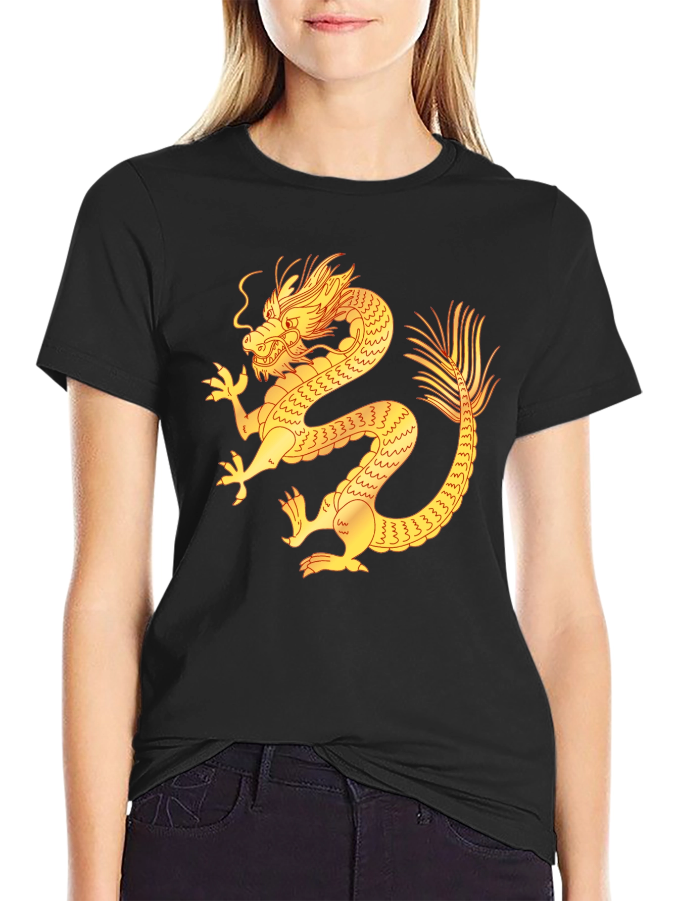 Black T-Shirt with Golden Dragon Design