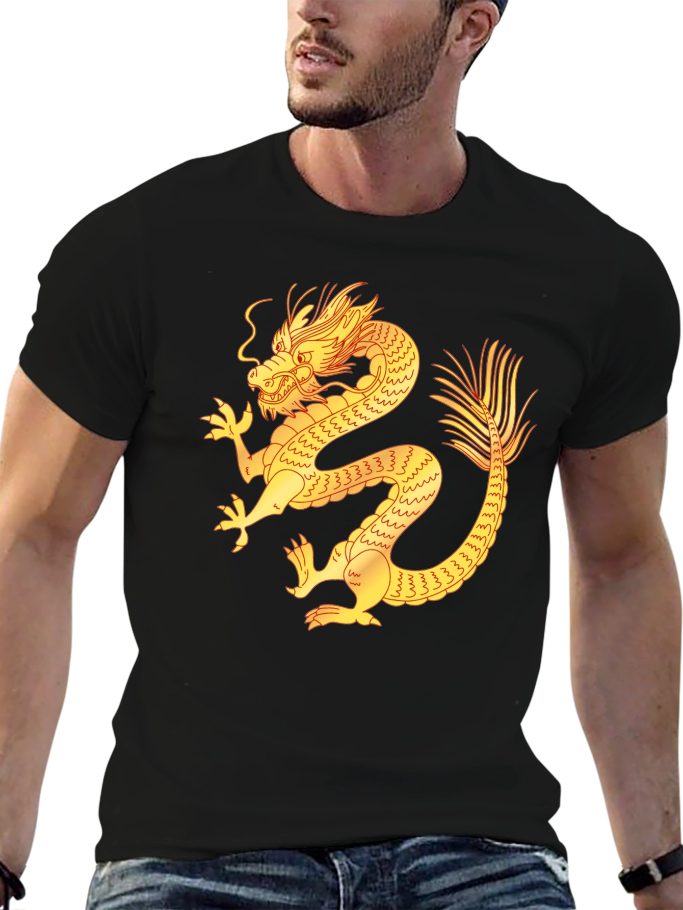 Black T-Shirt with Golden Dragon Design