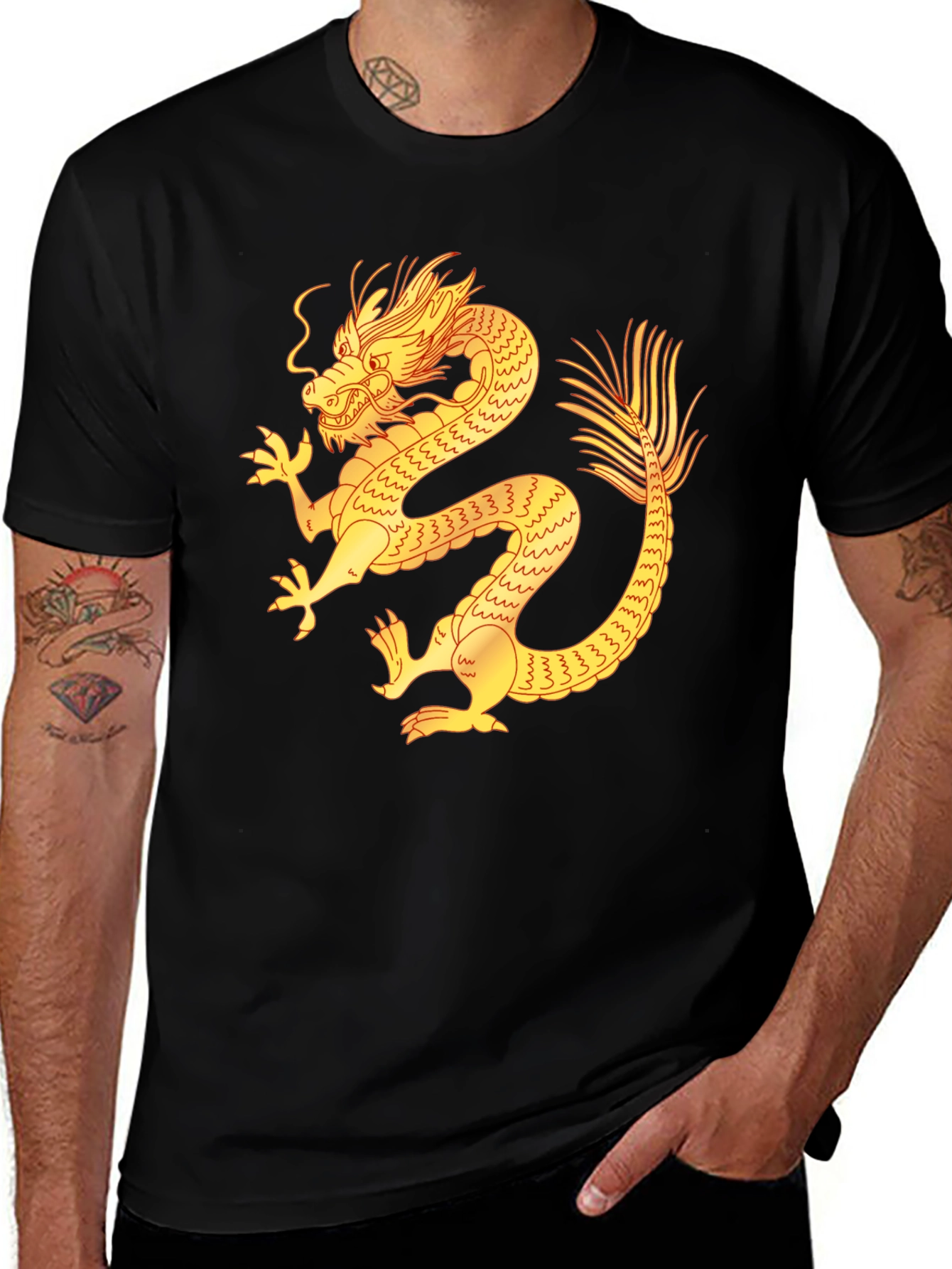 Black T-Shirt with Golden Dragon Design