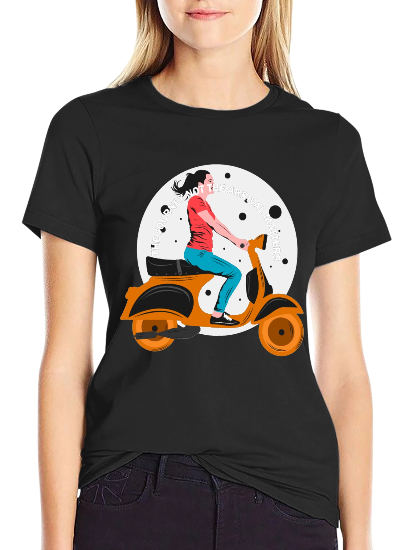 Stylish Black T-Shirt with Scooter Girl Graphic