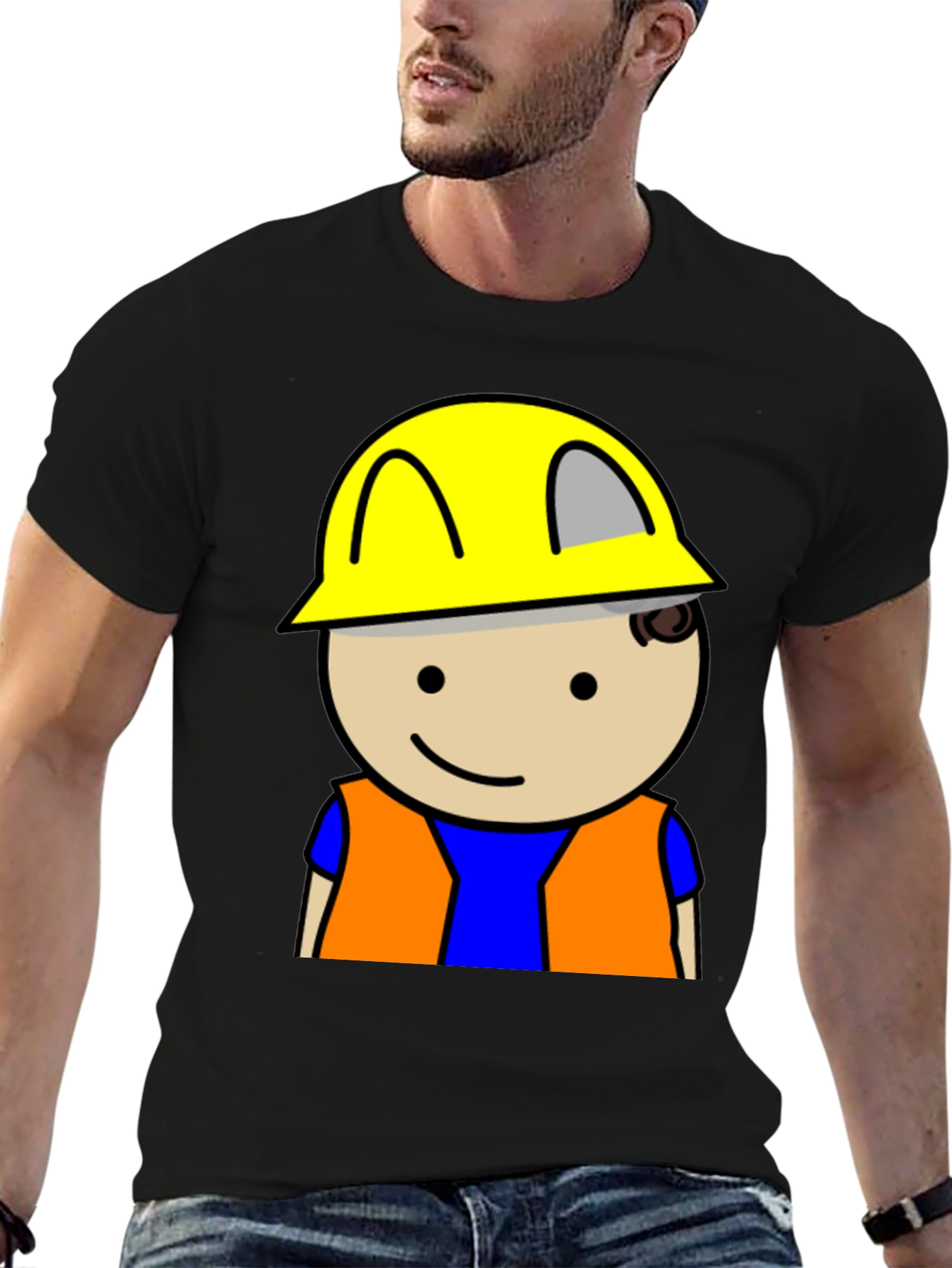 Construction Worker Graphic Tee - Black Cotton T-Shirt