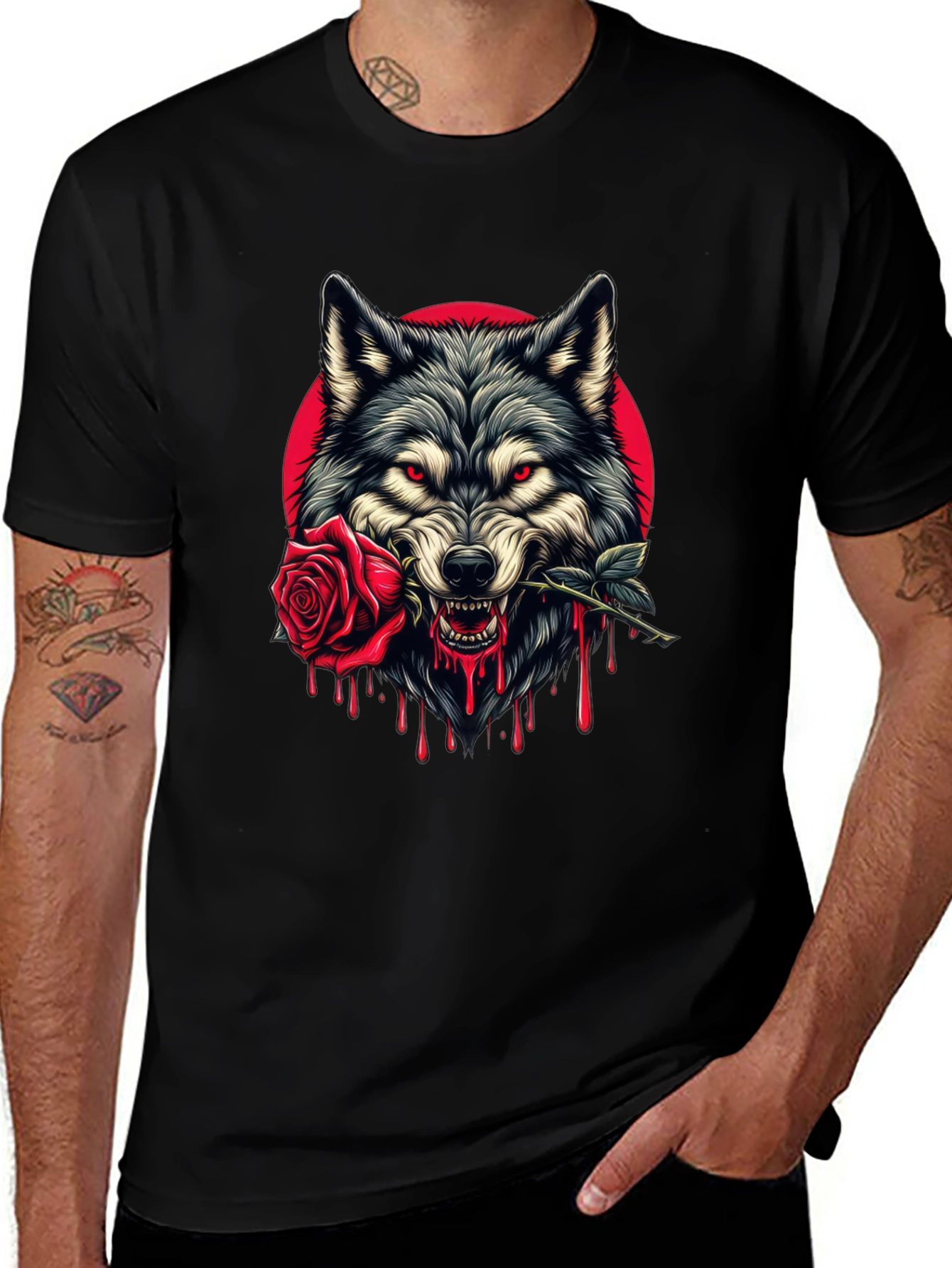 Wolf and Rose Graphic Tee - Bold Black T-Shirt