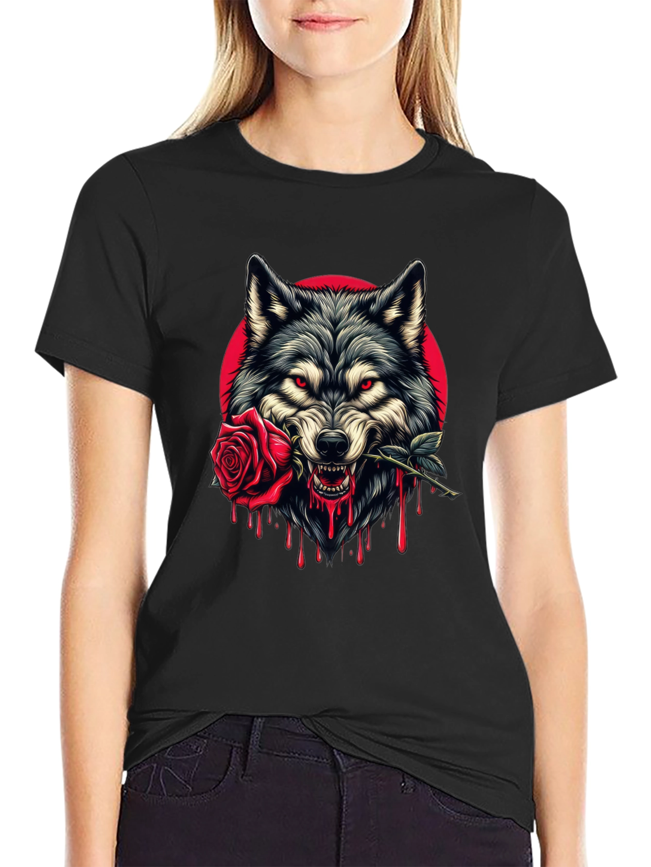 Wolf and Rose Graphic Tee - Bold Black T-Shirt