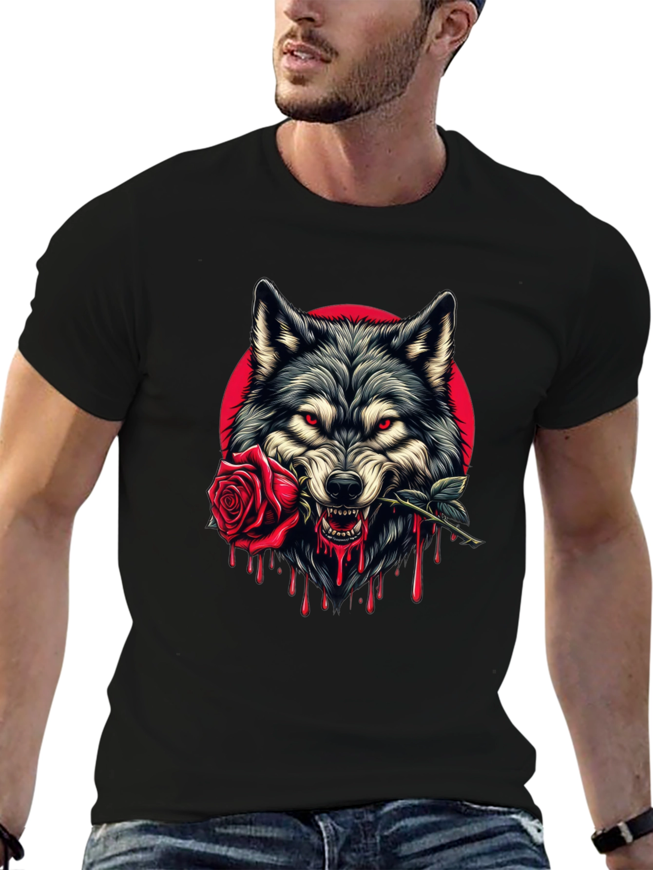 Wolf and Rose Graphic Tee - Bold Black T-Shirt