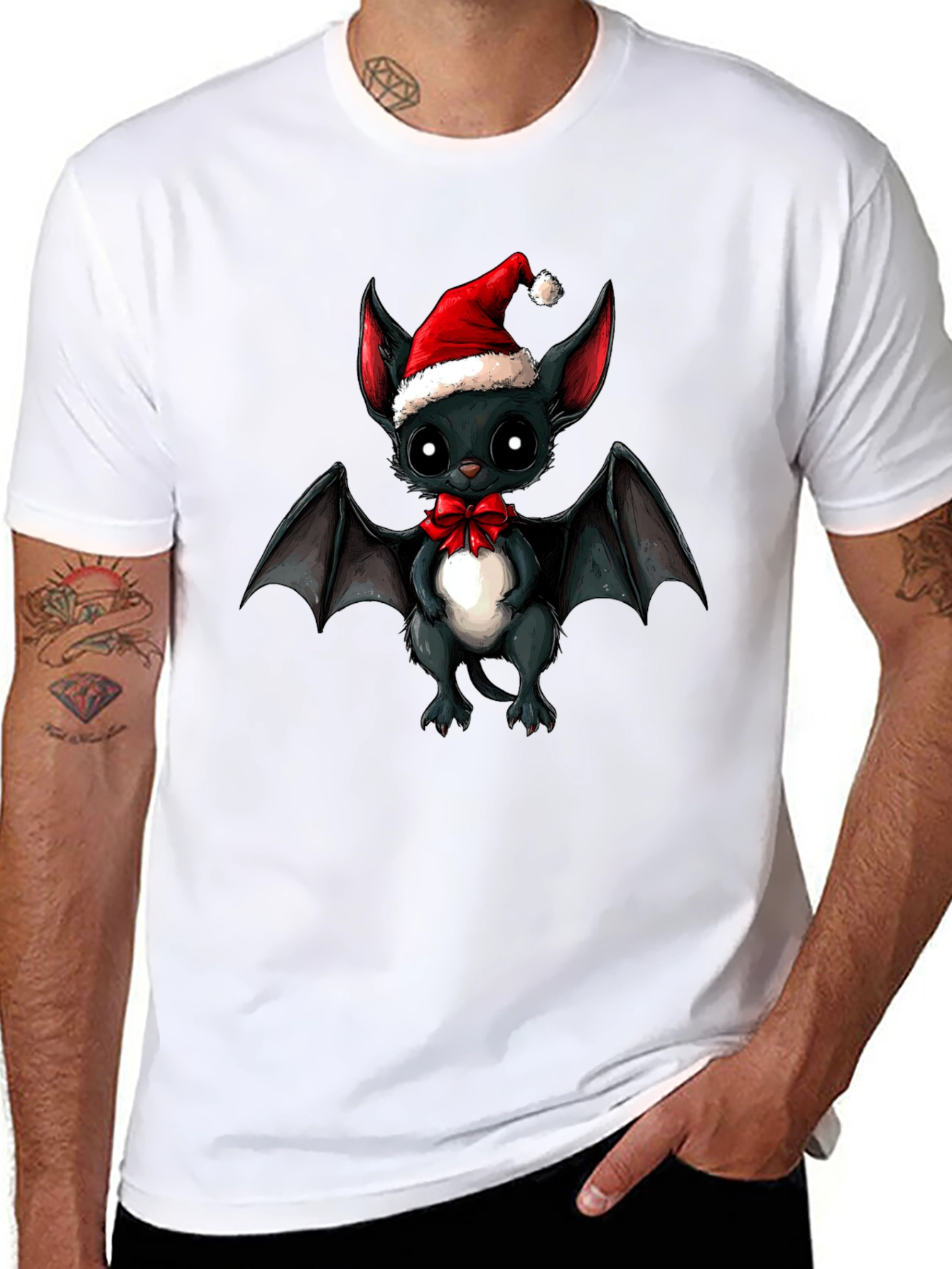 Cute Bat in Santa Hat Graphic Tee