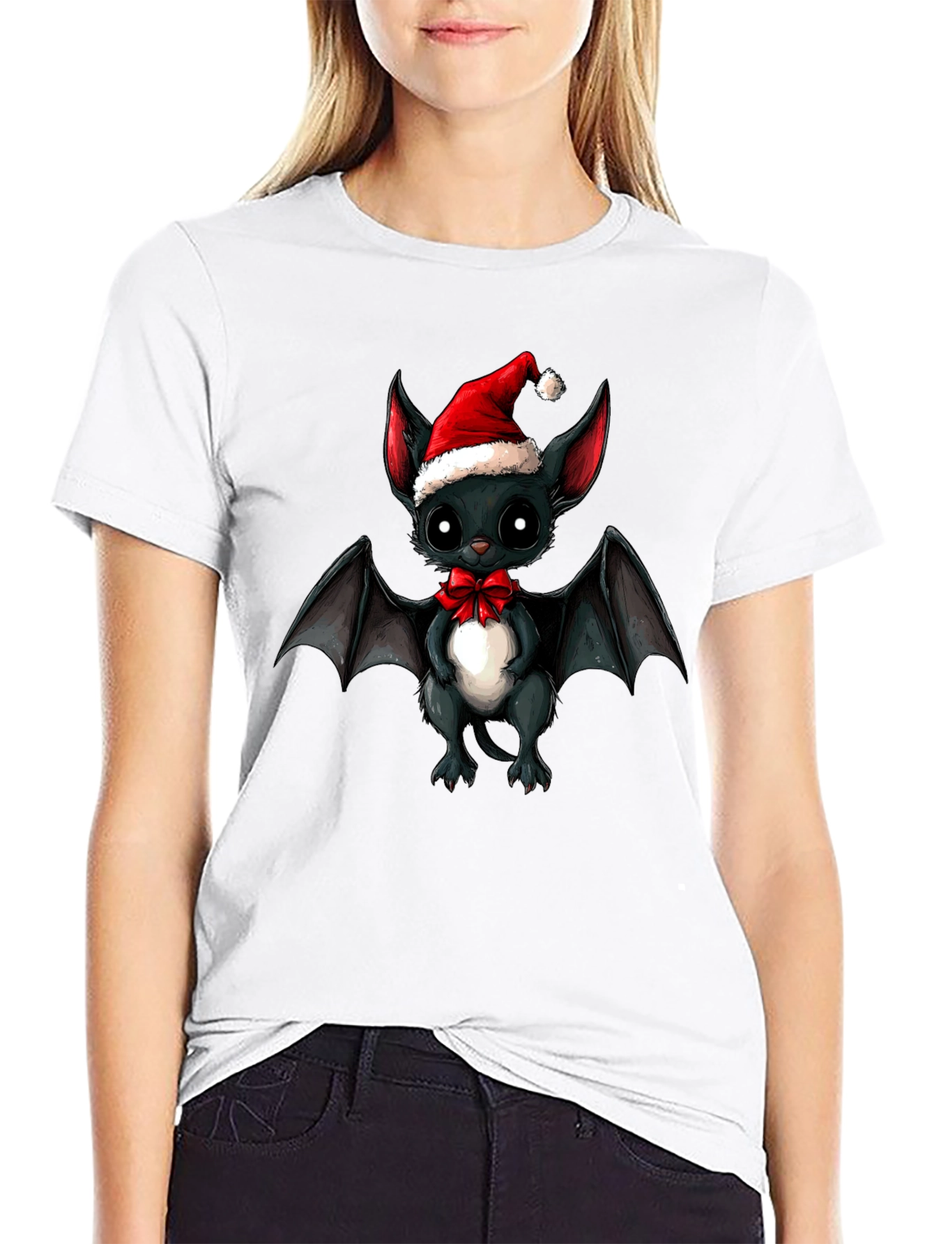 Cute Bat in Santa Hat Graphic Tee
