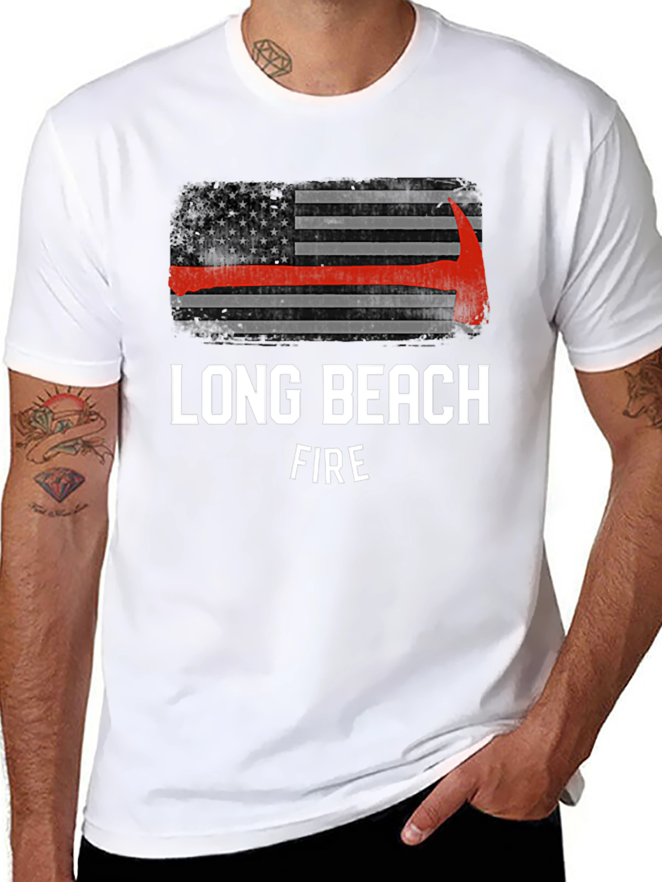 Long Beach Firefighter USA Flag Axe T-Shirt