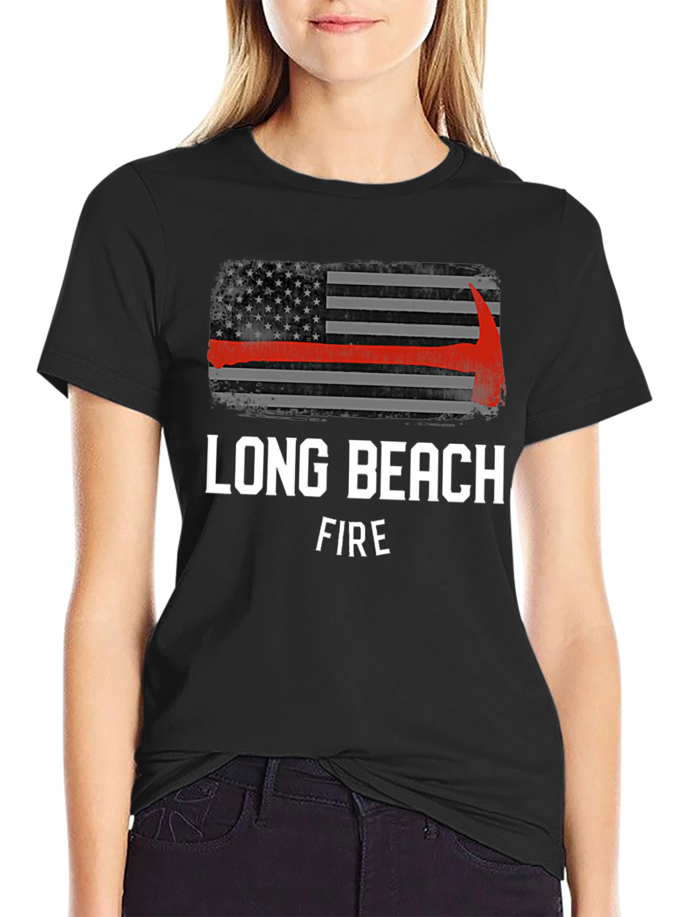 Long Beach Firefighter USA Flag Axe T-Shirt