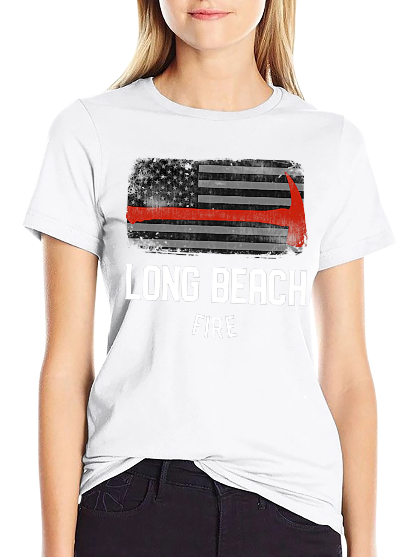 Long Beach Firefighter USA Flag Axe T-Shirt