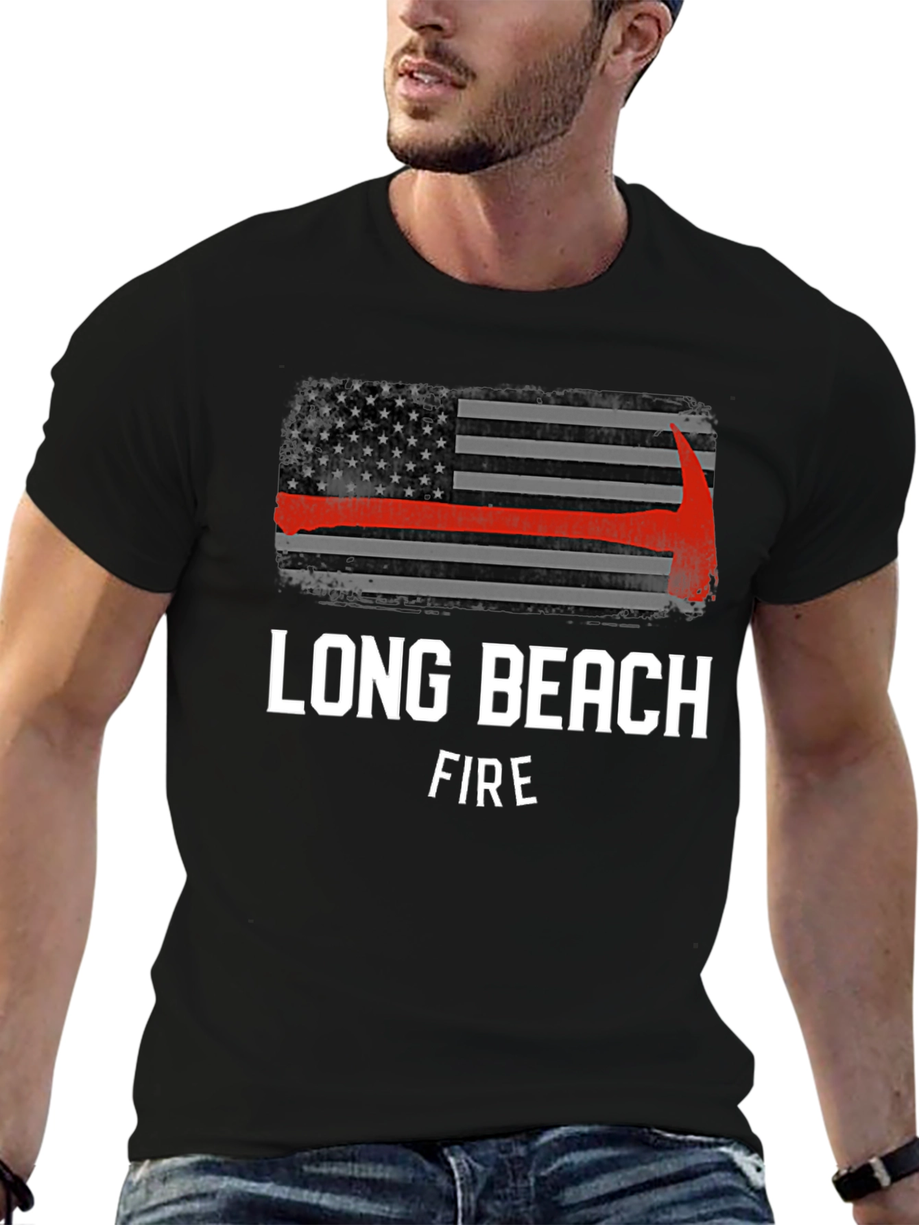 Long Beach Firefighter USA Flag Axe T-Shirt