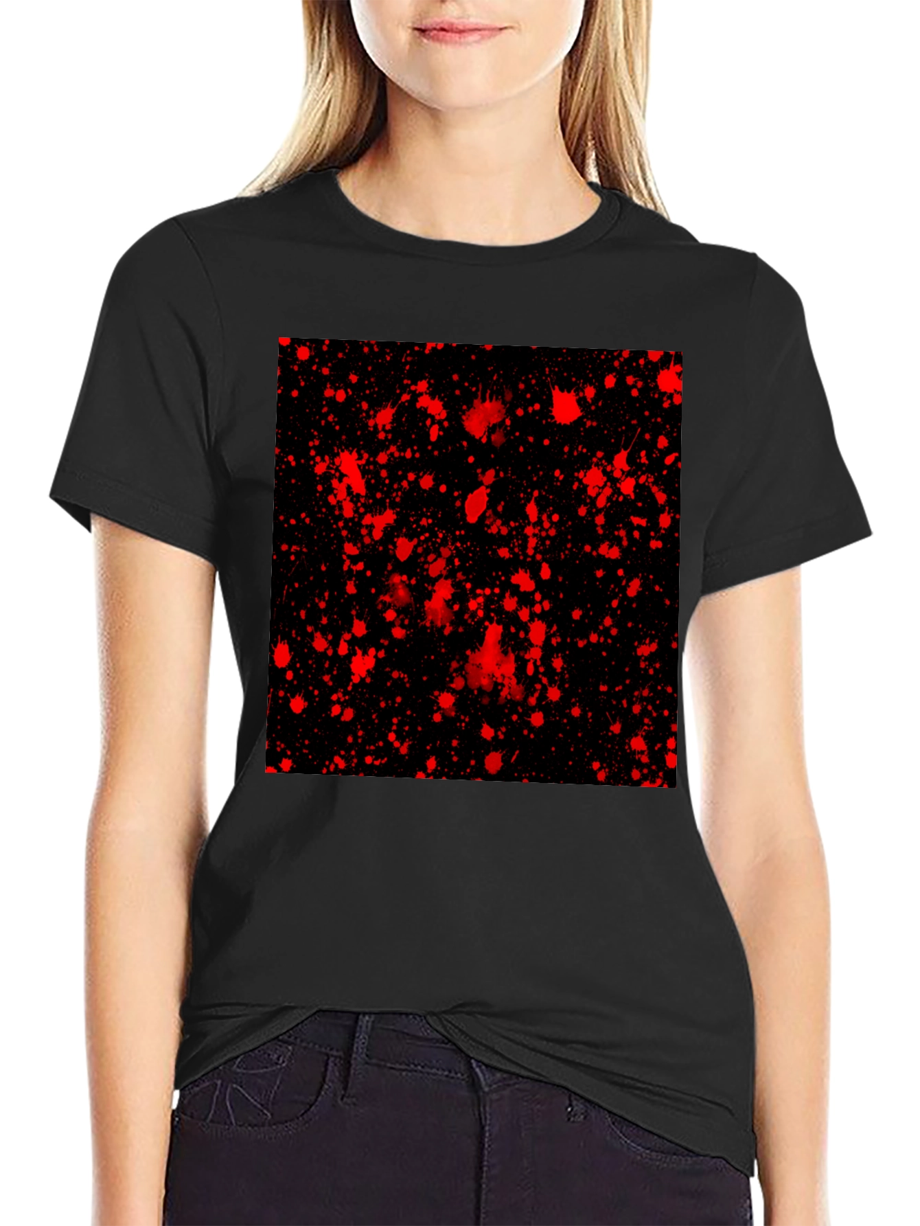 Edgy Black T-Shirt with Red Splatter Design