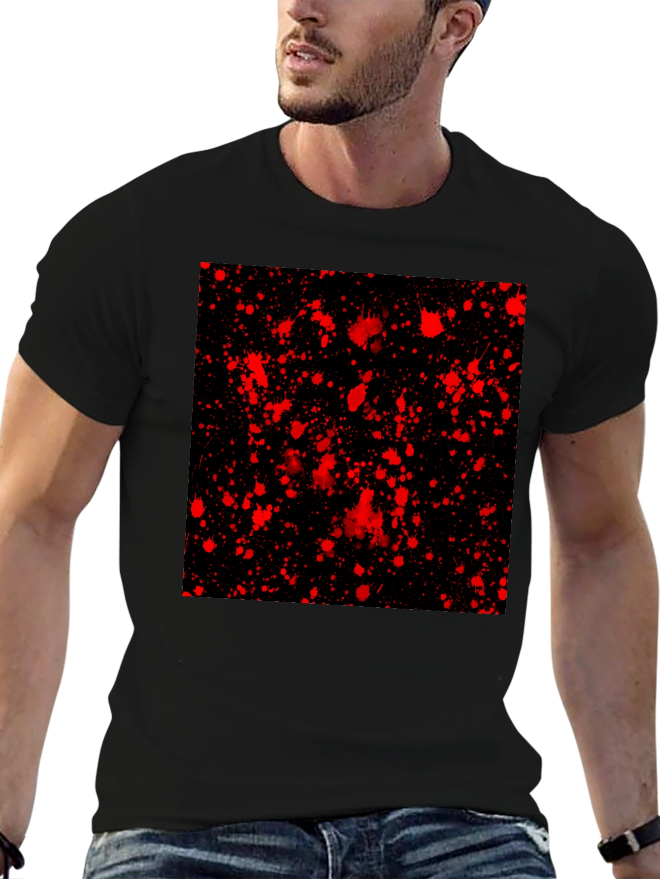 Edgy Black T-Shirt with Red Splatter Design