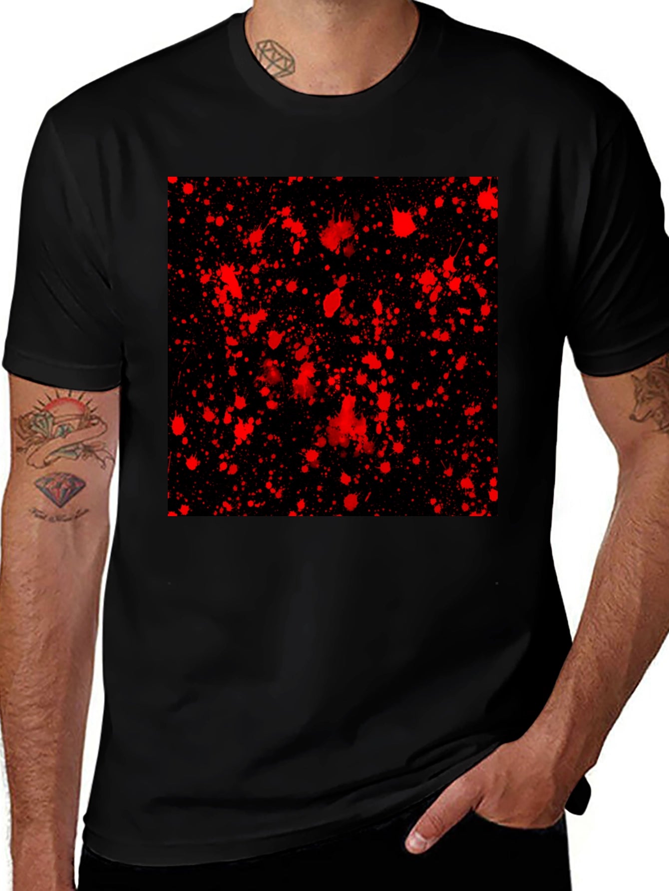 Edgy Black T-Shirt with Red Splatter Design