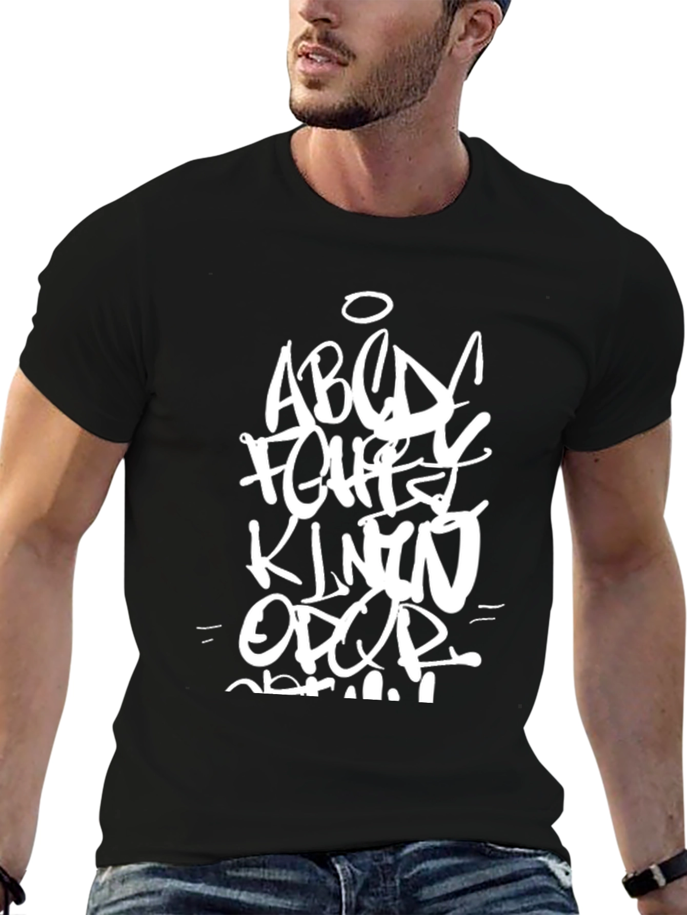 Graffiti Alphabet Print Black Casual T-Shirt